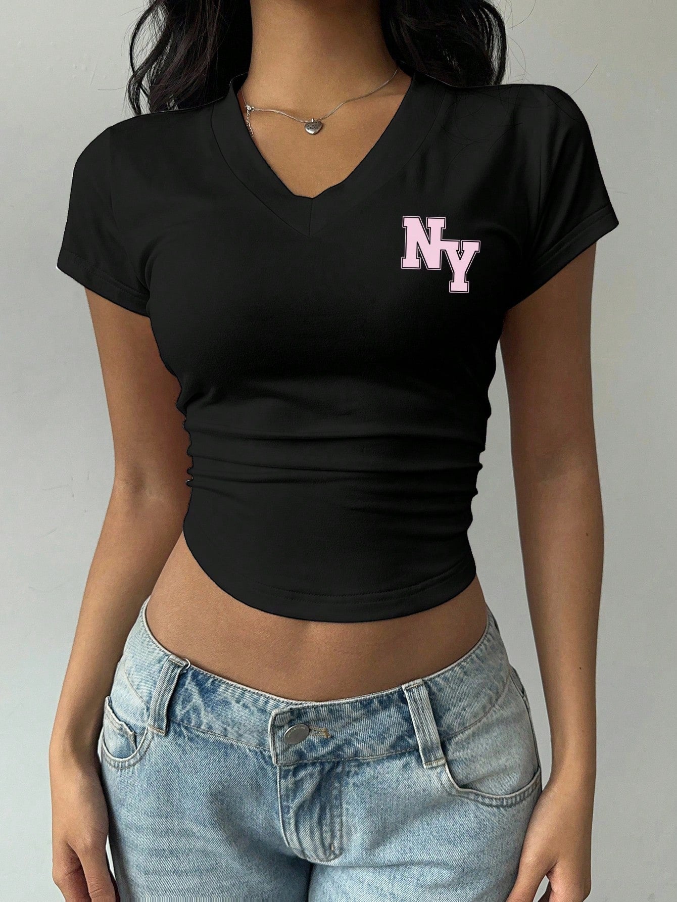 Women's Casual V-Neck Short Sleeve Ruched Summer T-Shirt Black