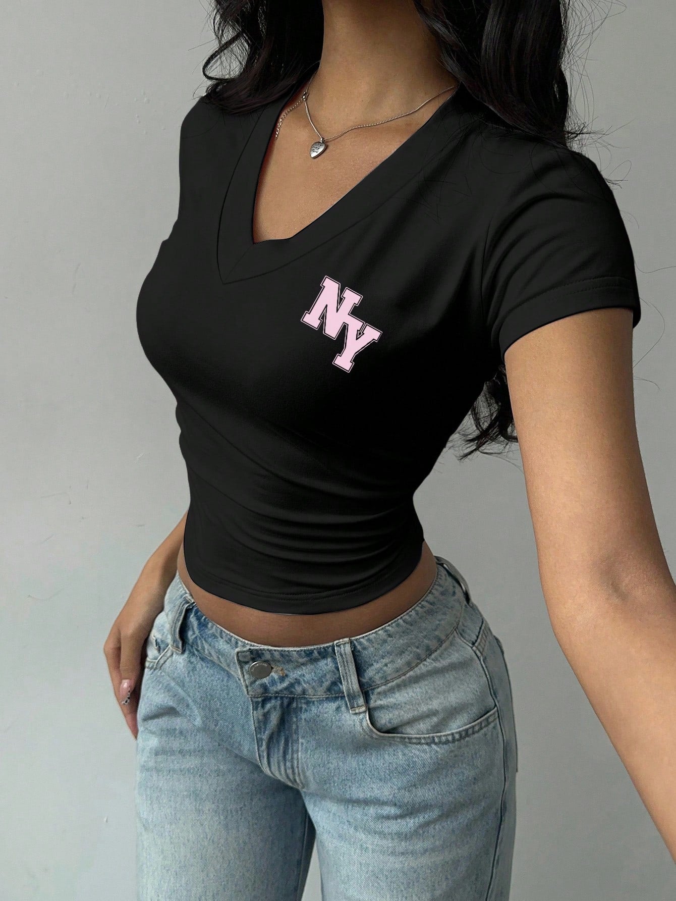 Women's Casual V-Neck Short Sleeve Ruched Summer T-Shirt Black
