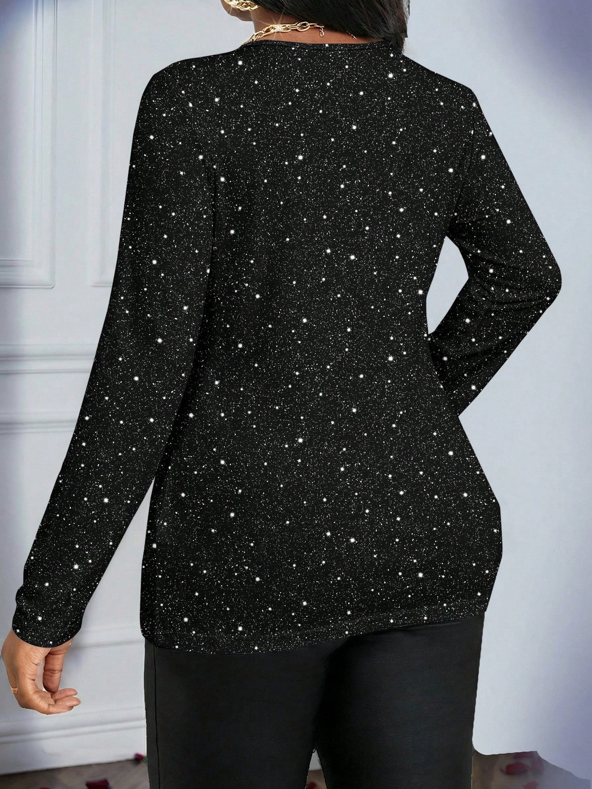 Women's Plus Size Mesh Patchwork Sequin Long Sleeve T-Shirt