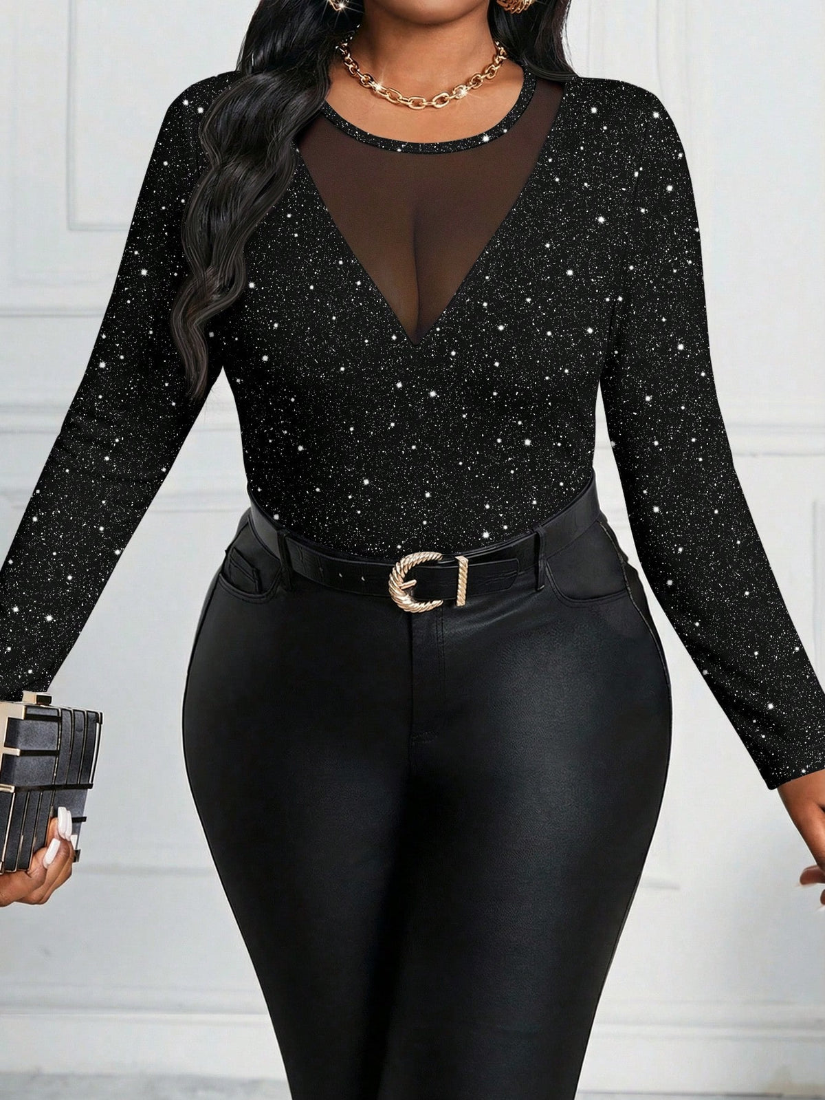 Women's Plus Size Mesh Patchwork Sequin Long Sleeve T-Shirt