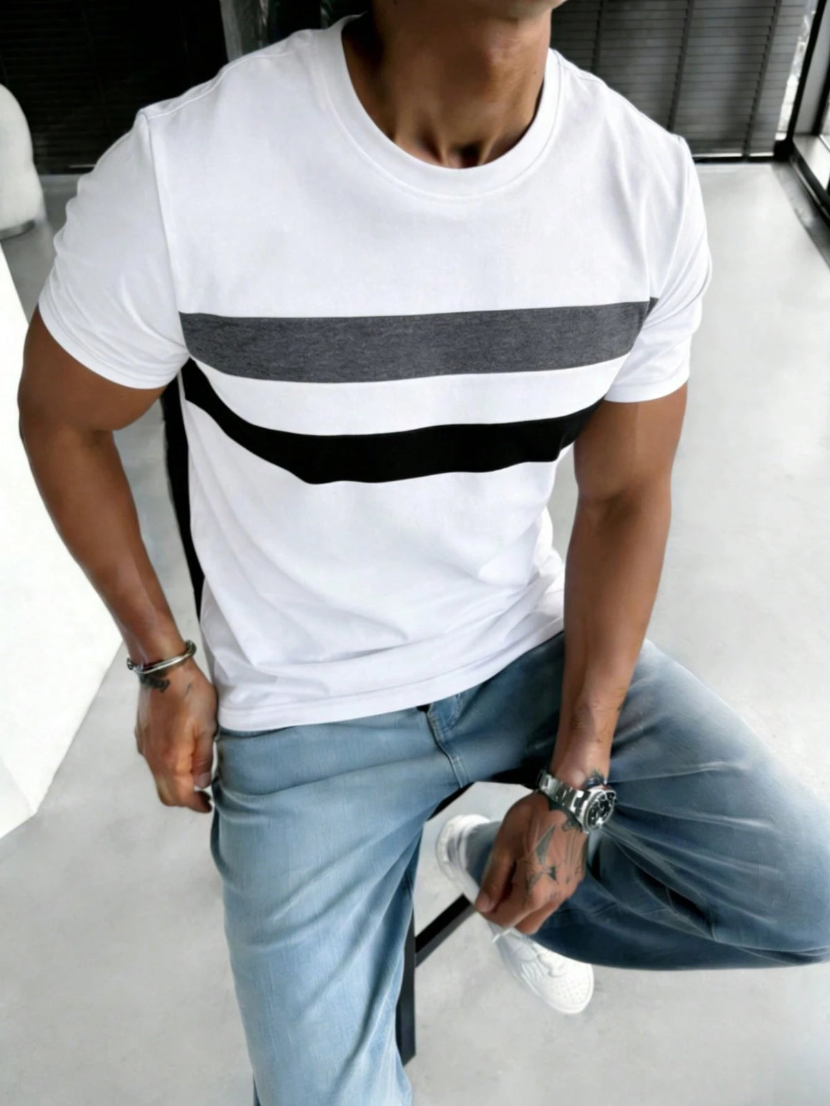 Men's Striped Printed Short Sleeve T-Shirt
