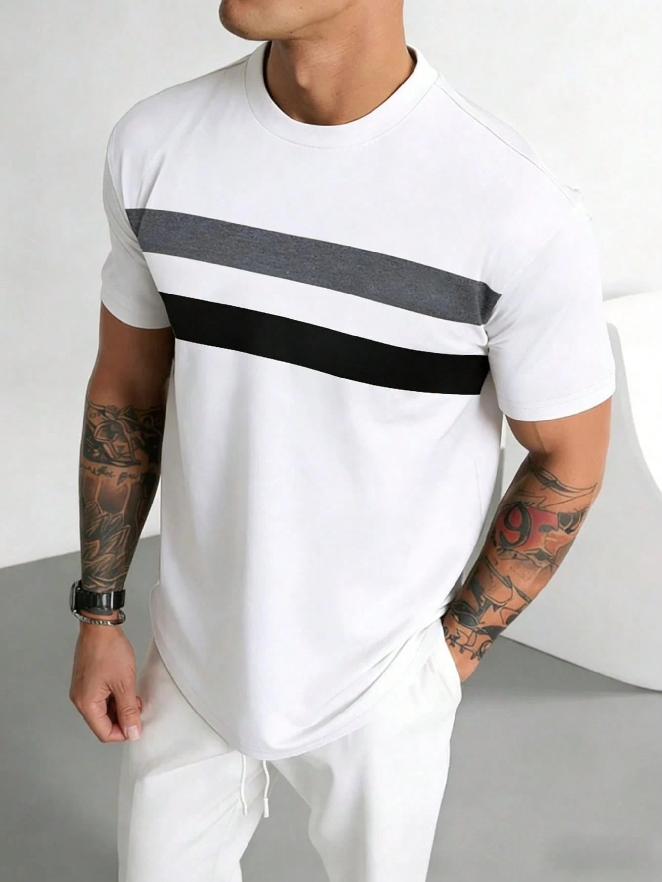 Men's Striped Printed Short Sleeve T-Shirt