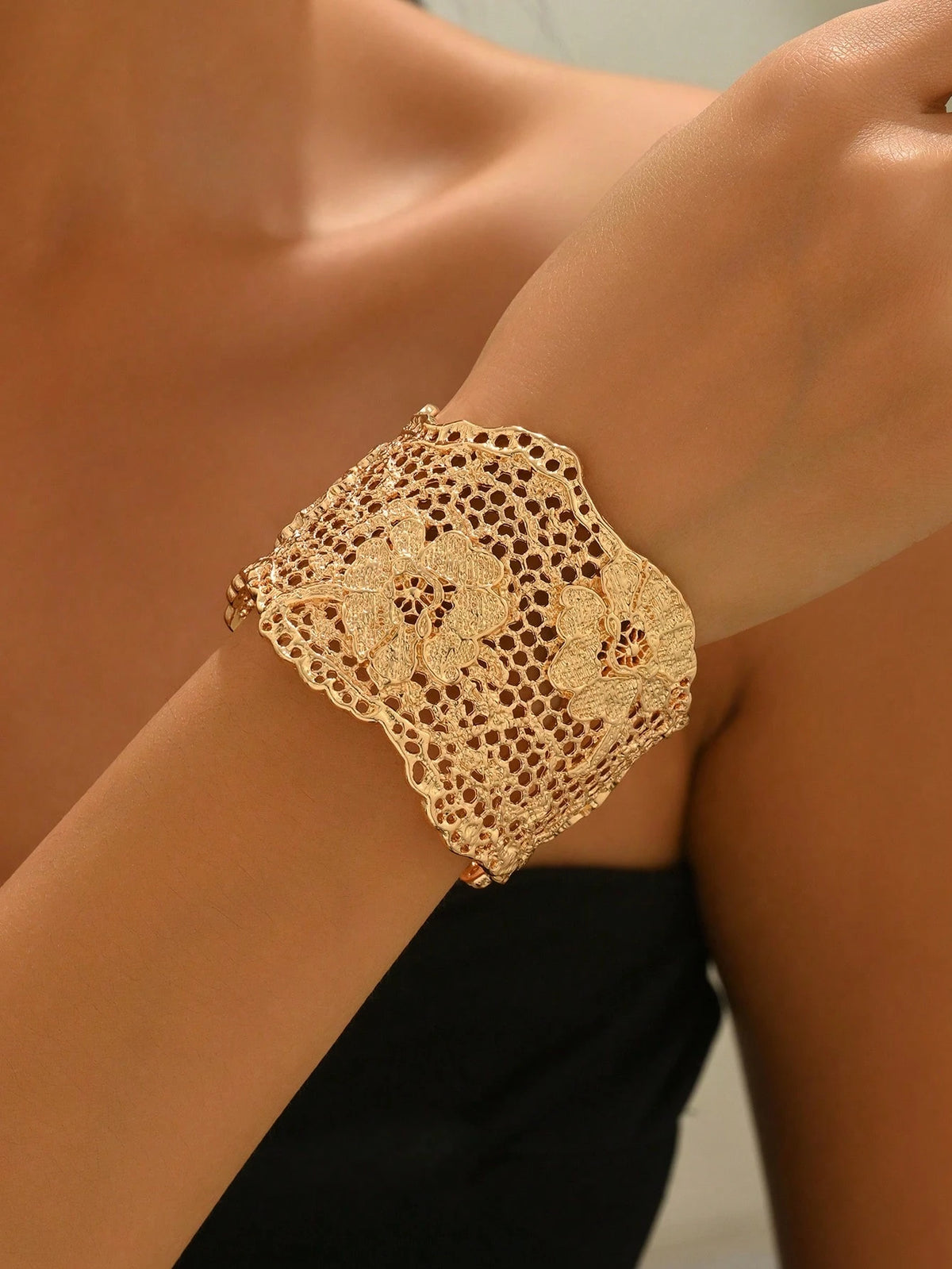 Women's Vintage Floral Hollow Metal Wide Bangle Bracelet
