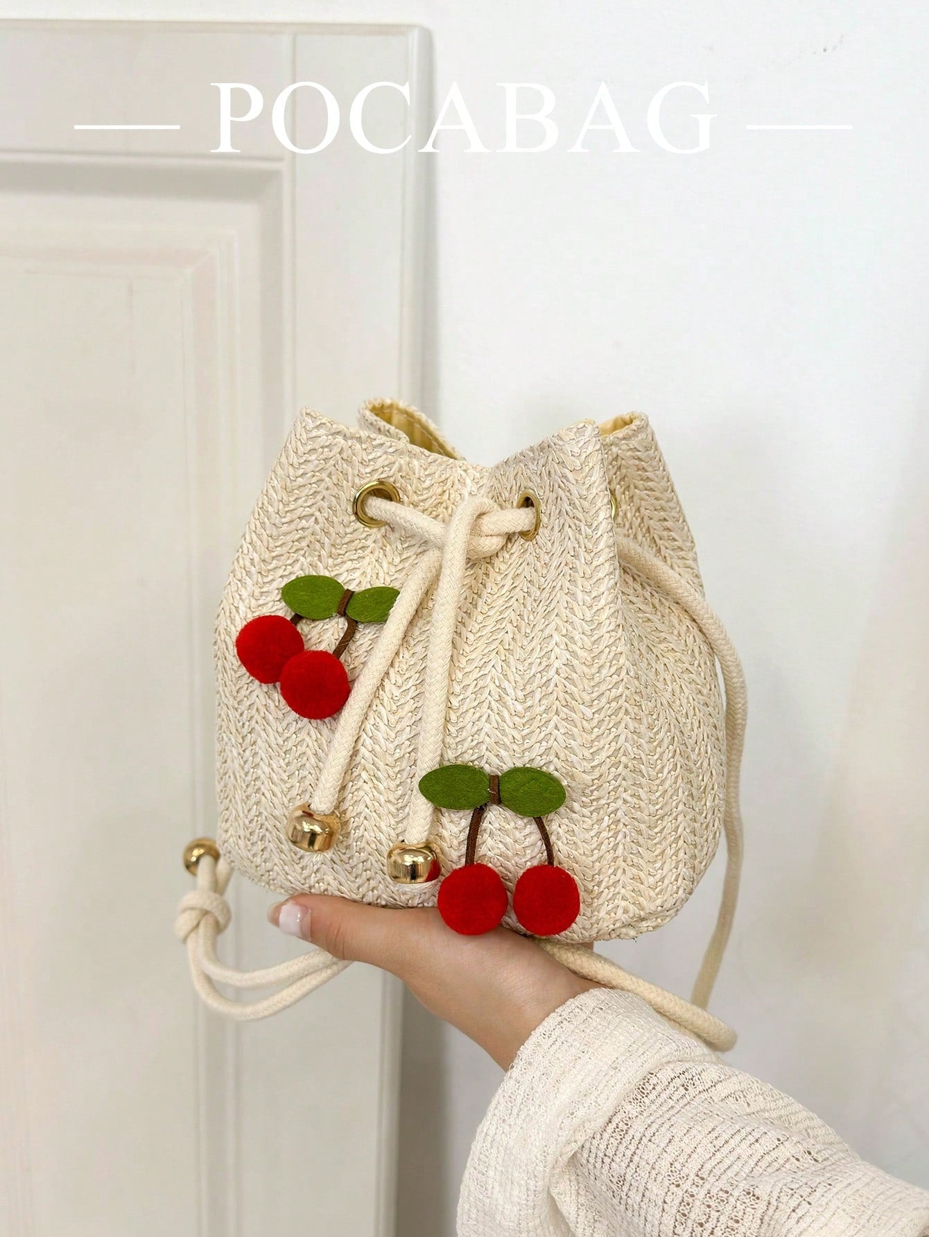 Women's Fashion Strawberry Applique Drawstring Straw Crossbody Bucket Bag