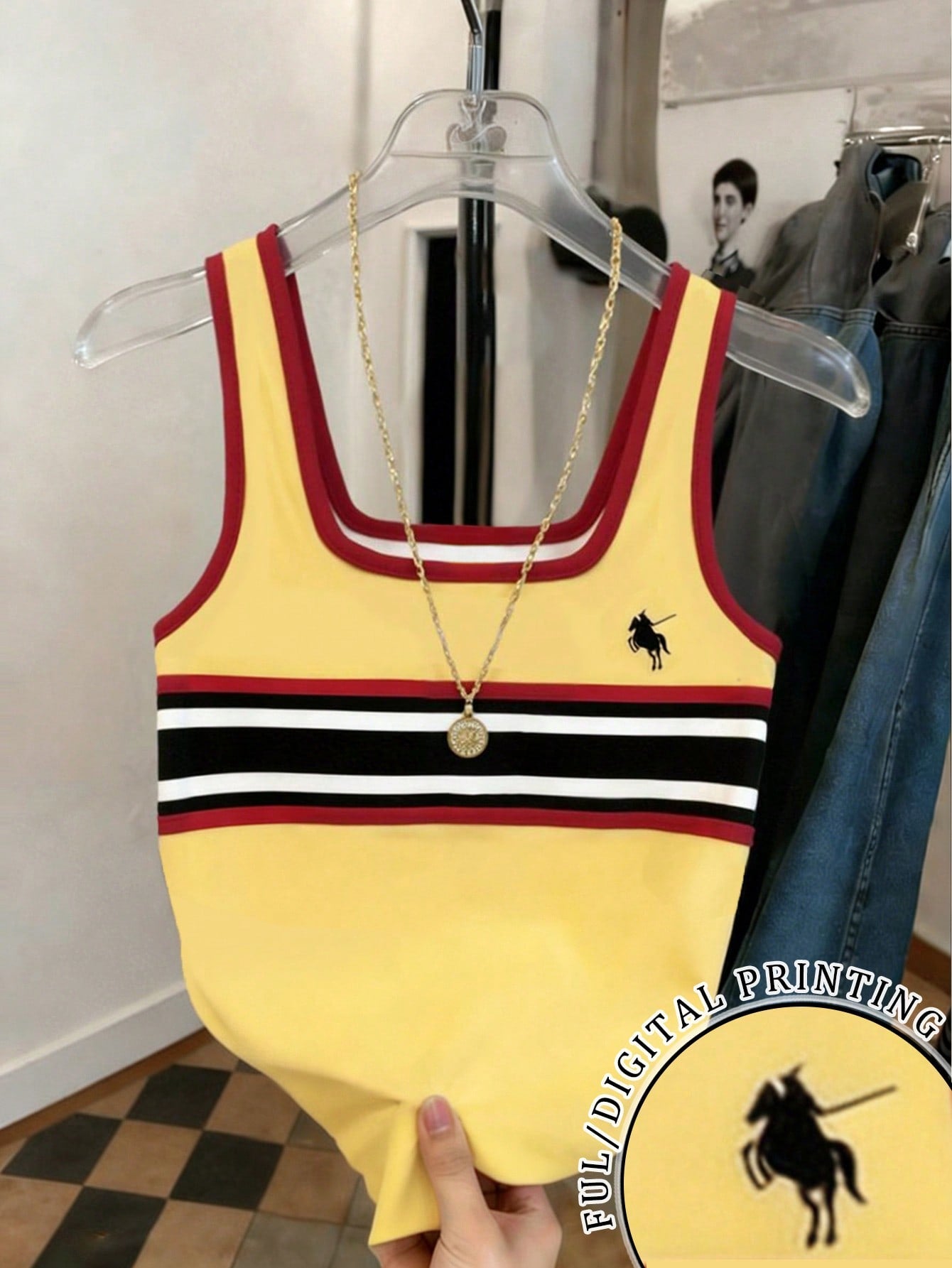 SHEIN Women's Striped Rider Print Fitted Tank Top Yellow