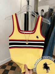 SHEIN Women's Striped Rider Print Fitted Tank Top Yellow