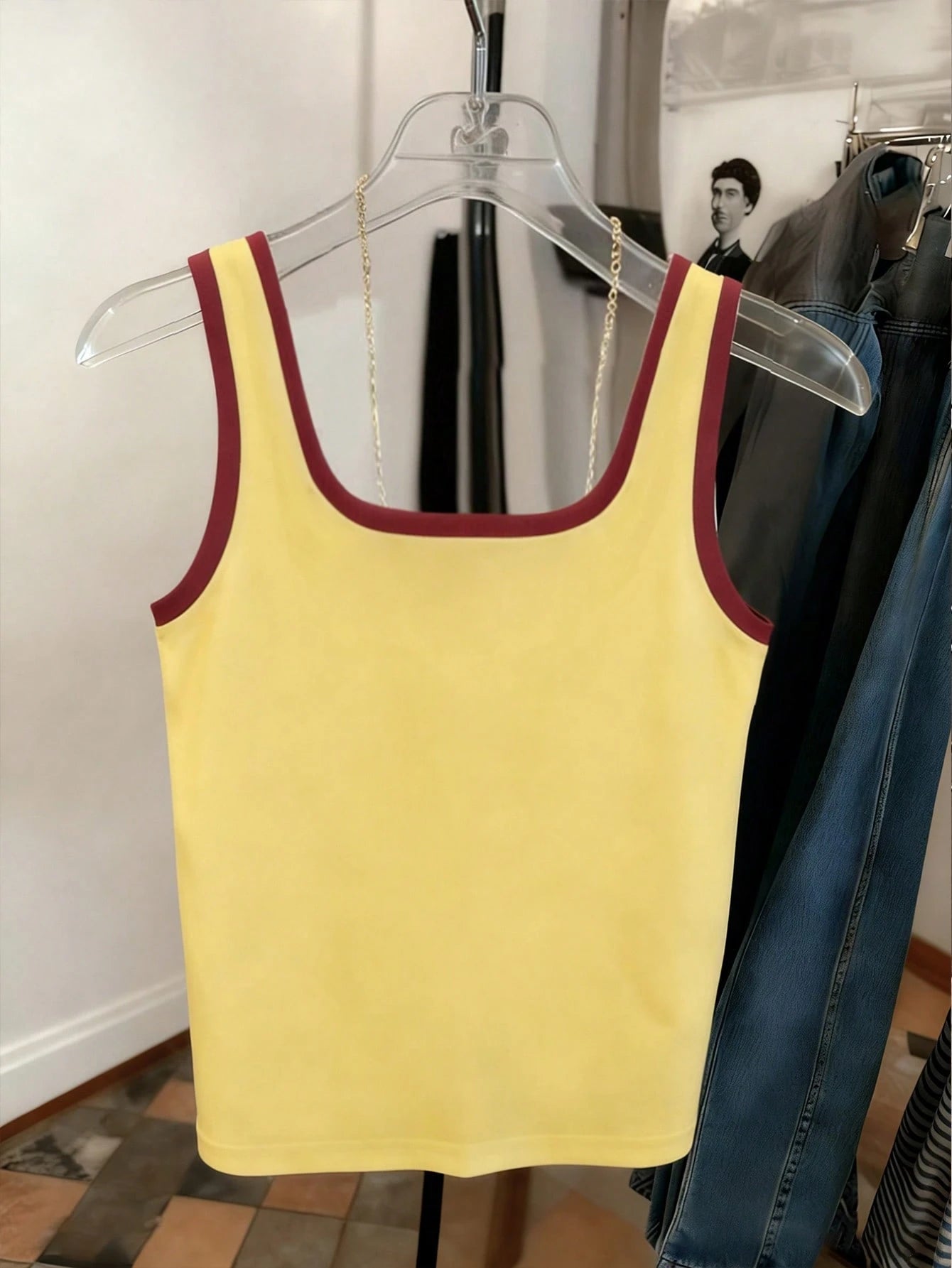 SHEIN Women's Striped Rider Print Fitted Tank Top Yellow