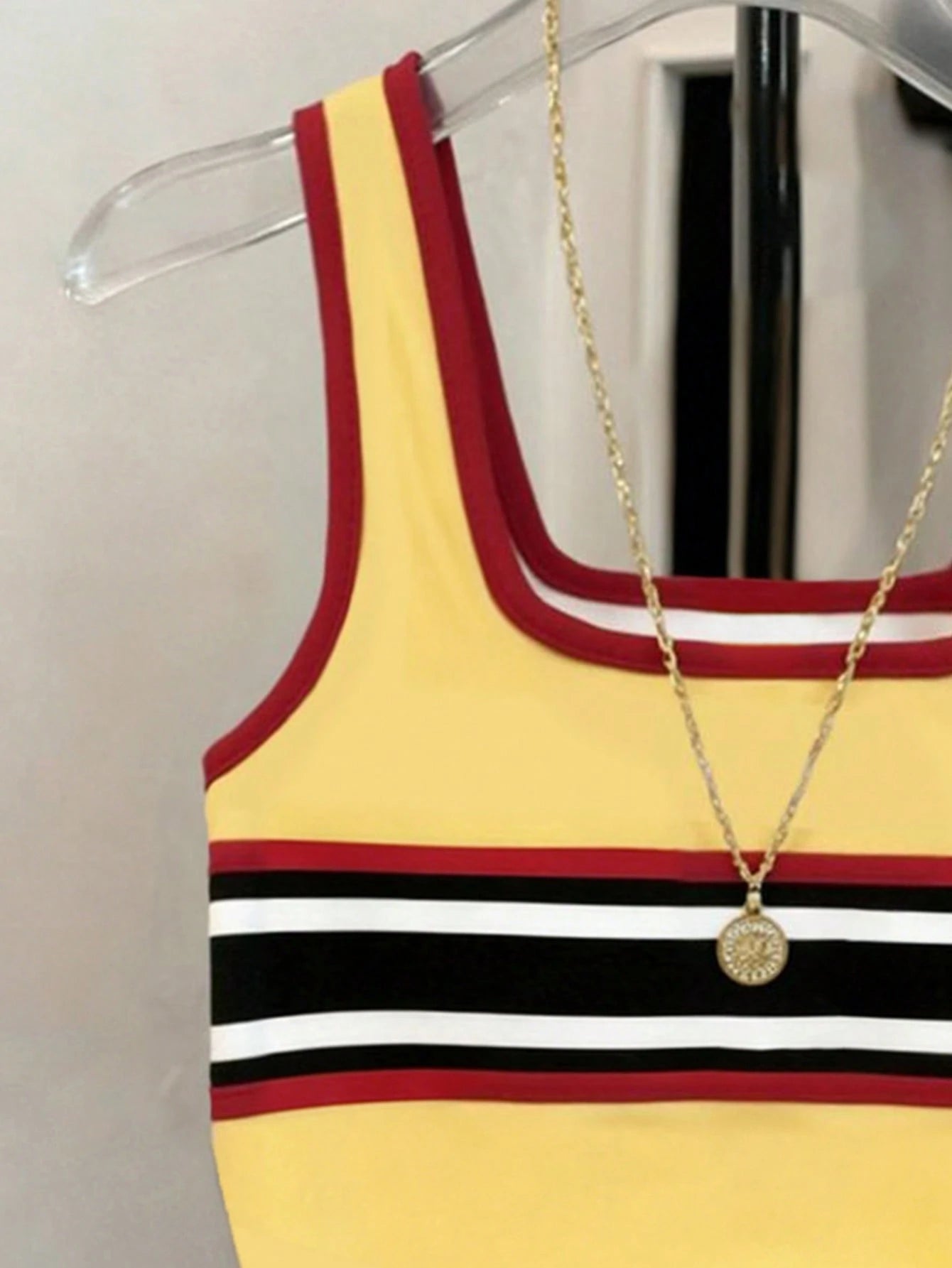 SHEIN Women's Striped Rider Print Fitted Tank Top Yellow