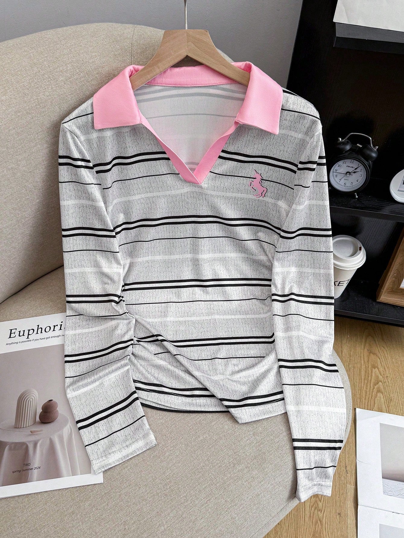 Women's Colorblock Unicorn Polo Collar Long Sleeve T-Shirt