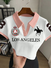 Women's Short Sleeve Colorblock Letter Print Casual Polo Top
