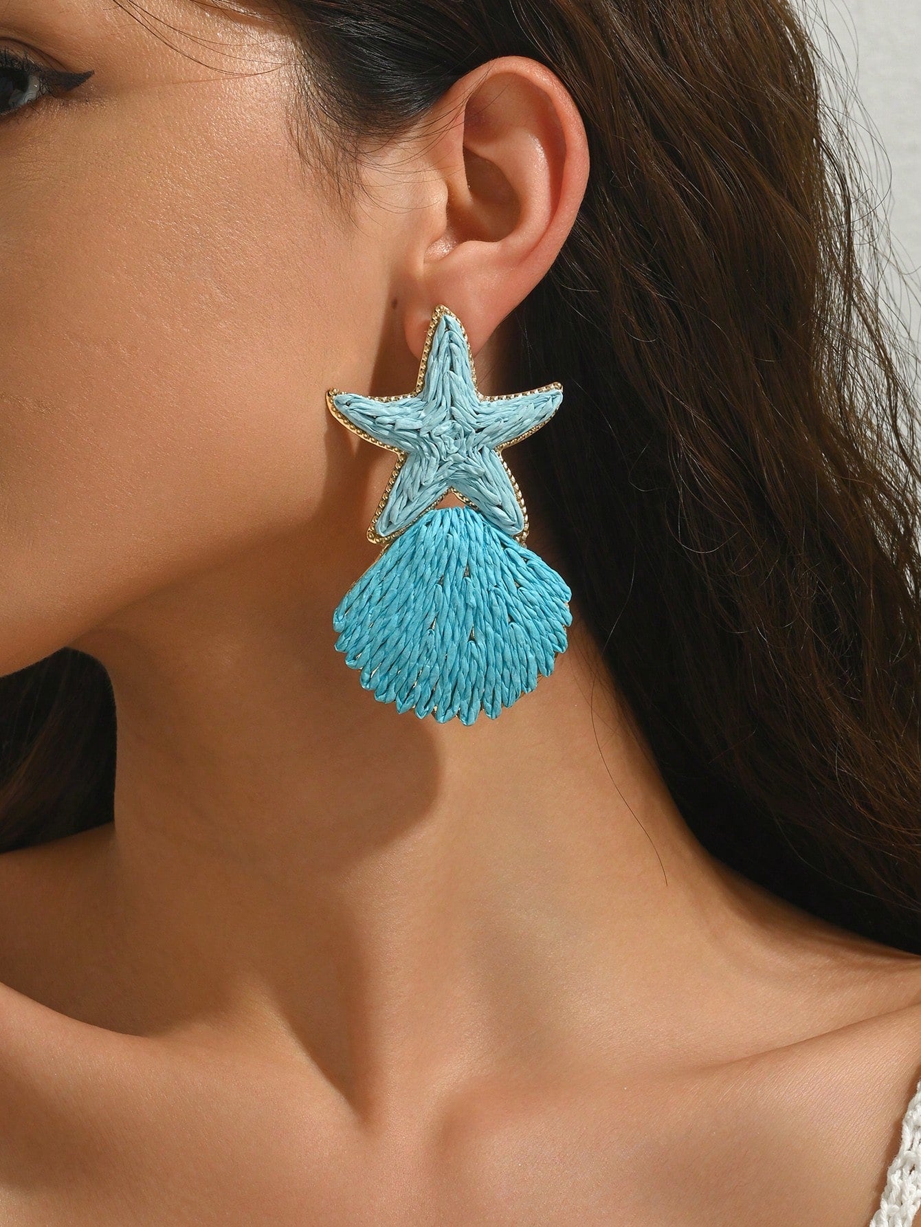 Women's Handmade Woven Raffia Starfish Shell Ocean Drop Earrings