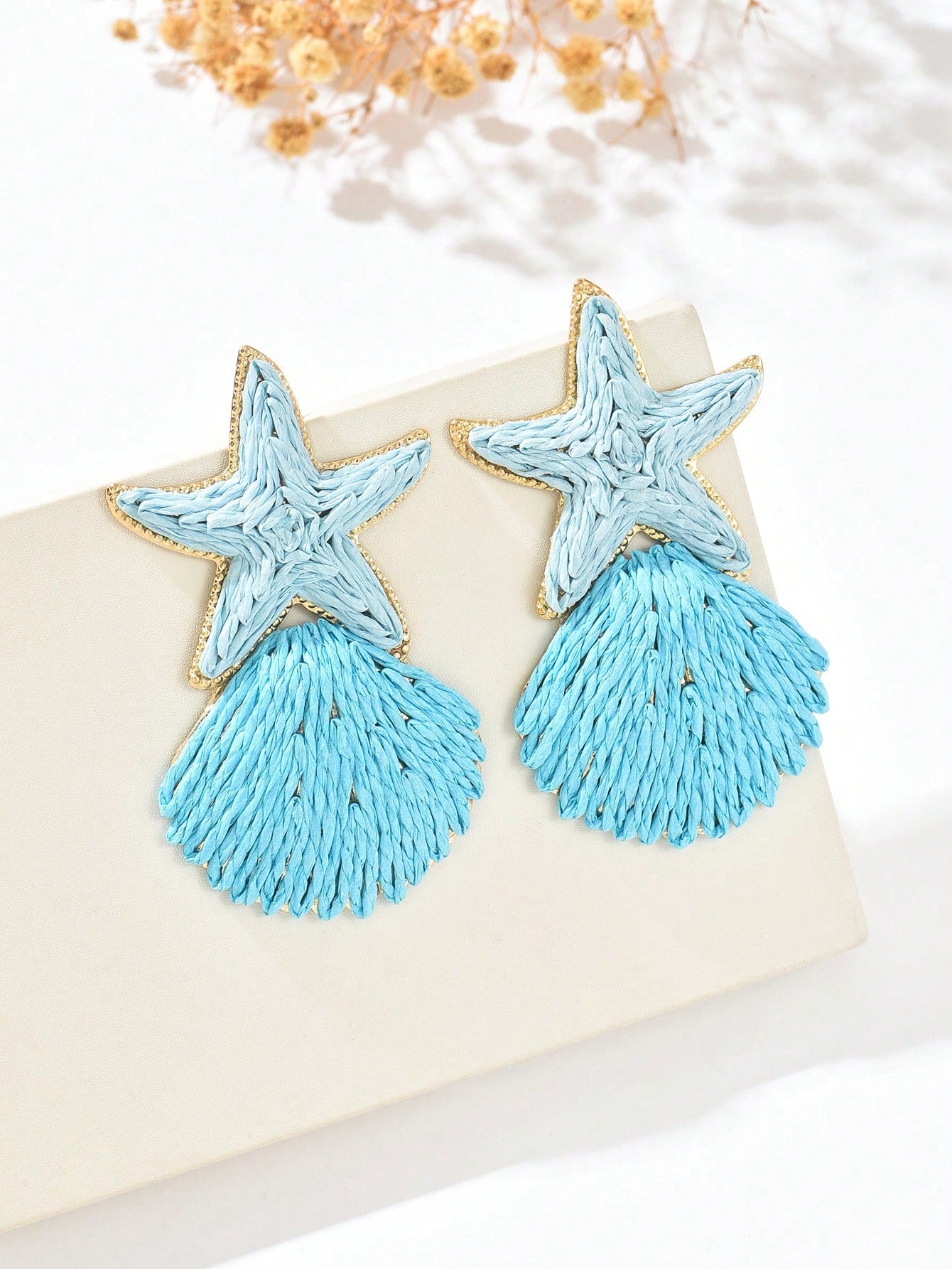 Women's Handmade Woven Raffia Starfish Shell Ocean Drop Earrings