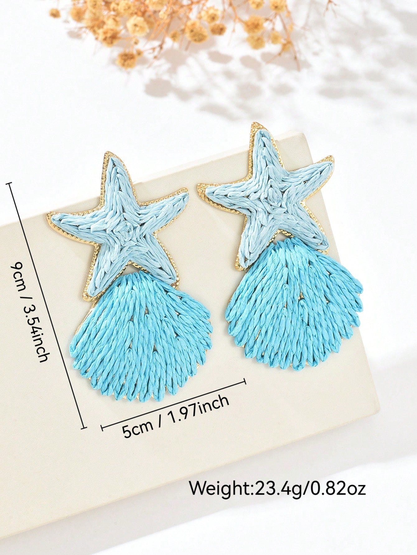 Women's Handmade Woven Raffia Starfish Shell Ocean Drop Earrings