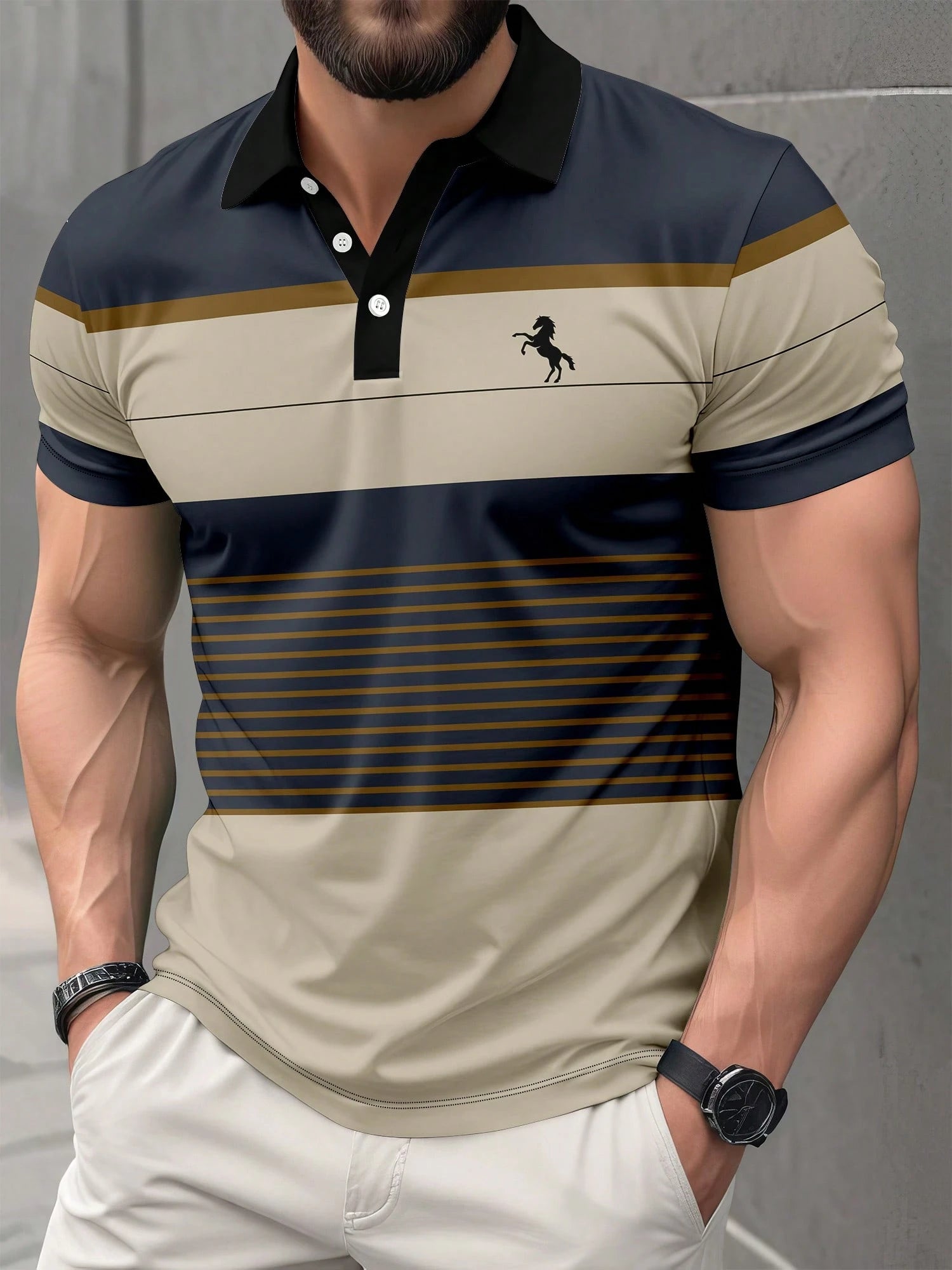 Men's Casual Striped Print Short Sleeve Polo Shirt