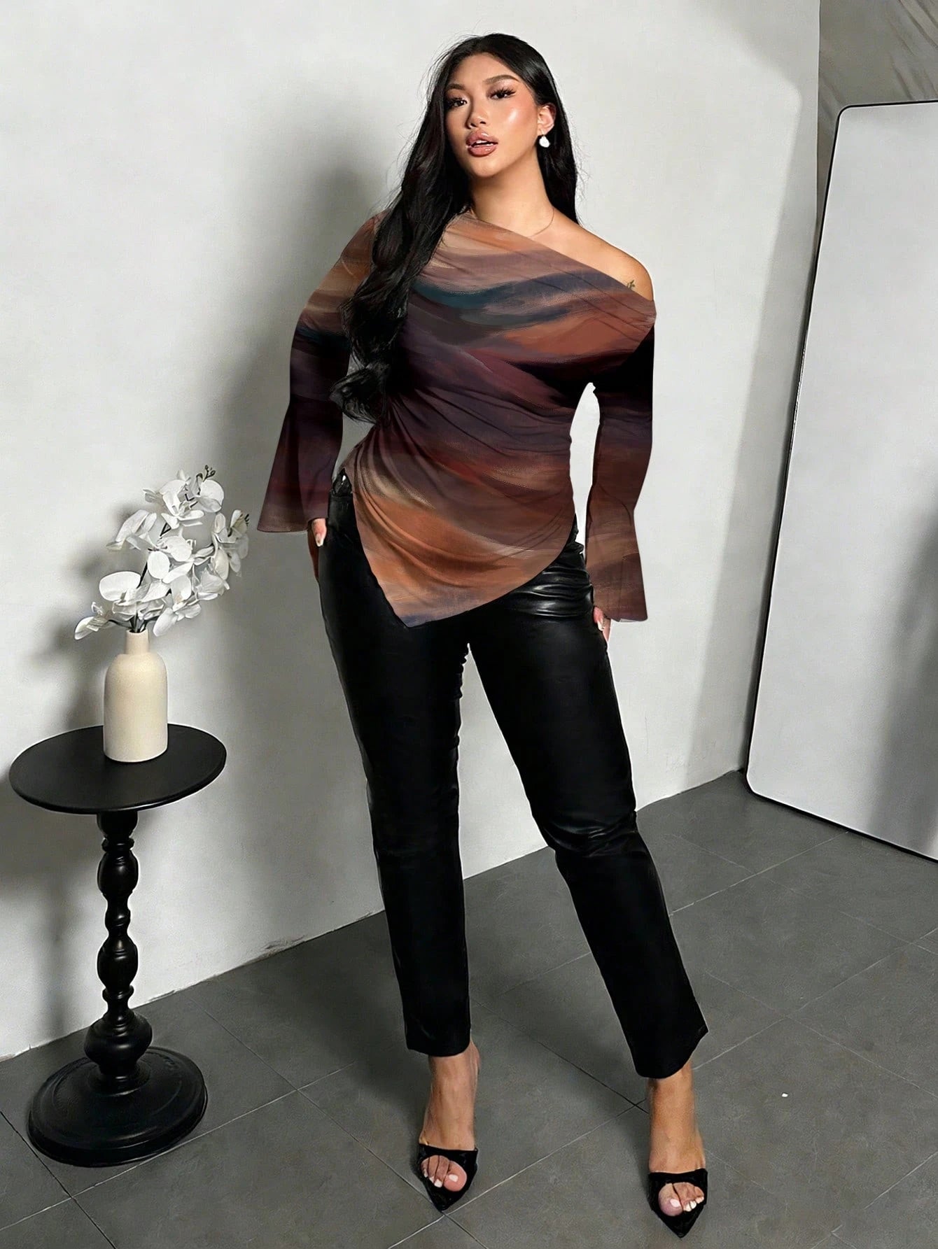 Women's Plus Size Tie-Dye Asymmetric Neck Long Sleeve Top