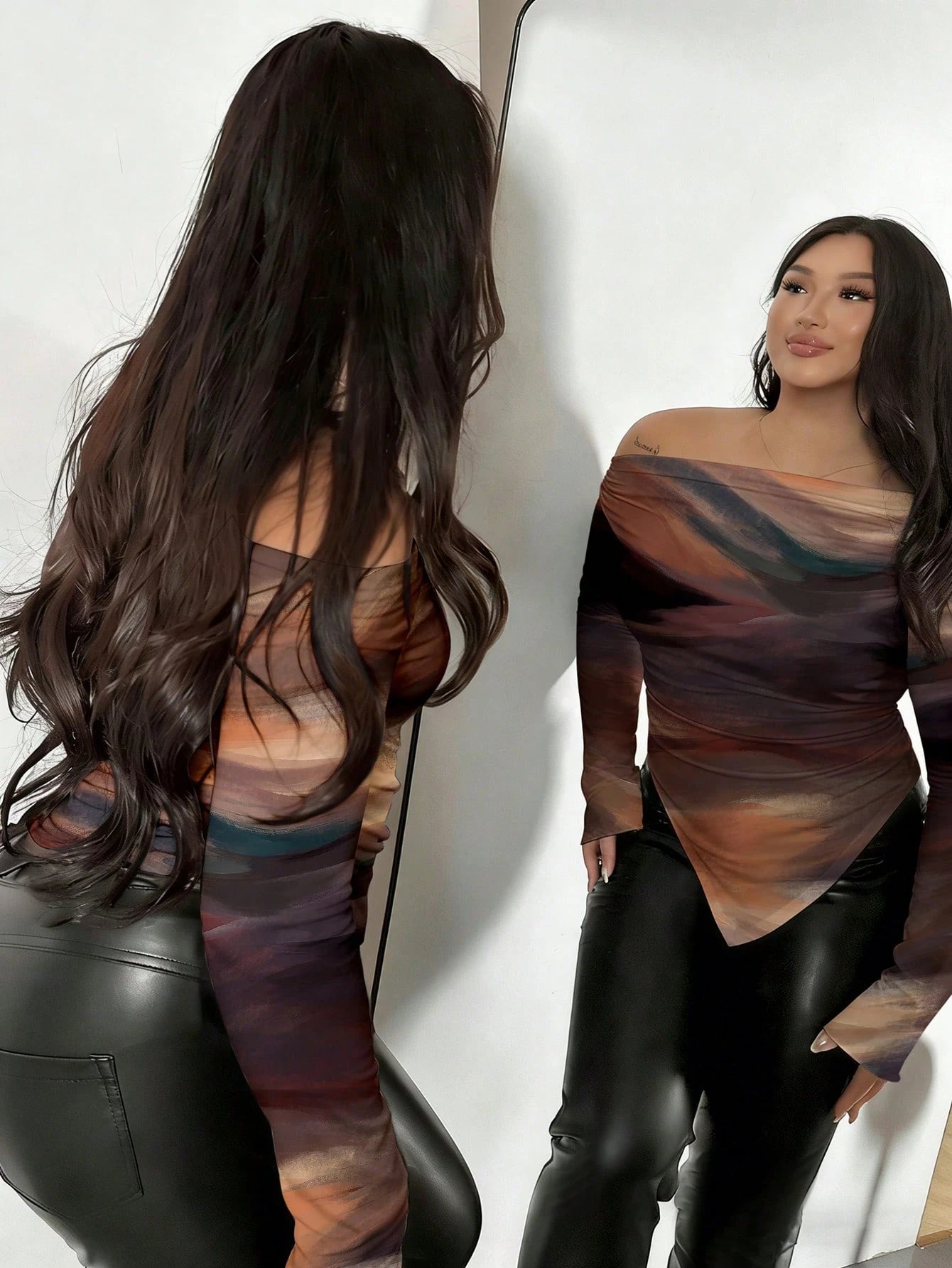 Women's Plus Size Tie-Dye Asymmetric Neck Long Sleeve Top