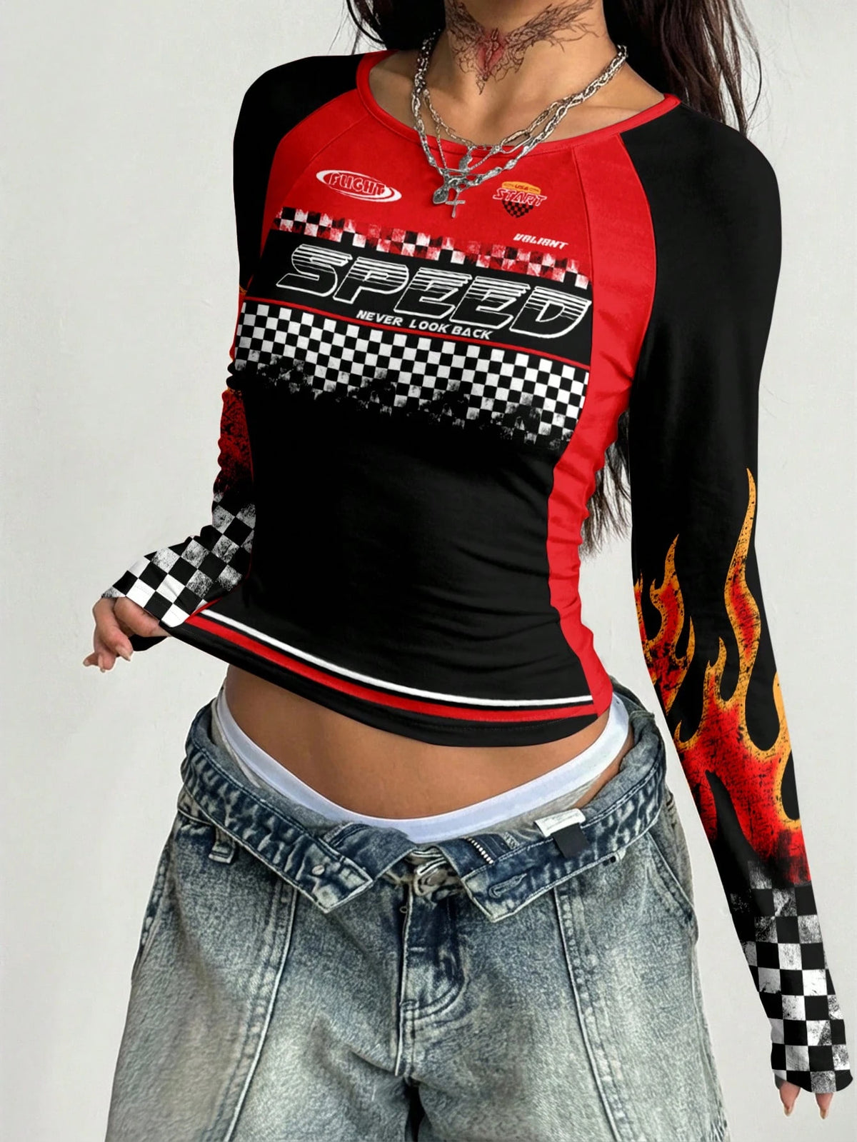 Women's Casual Racing Chessboard Flame Graphic Colorblock T-Shirt