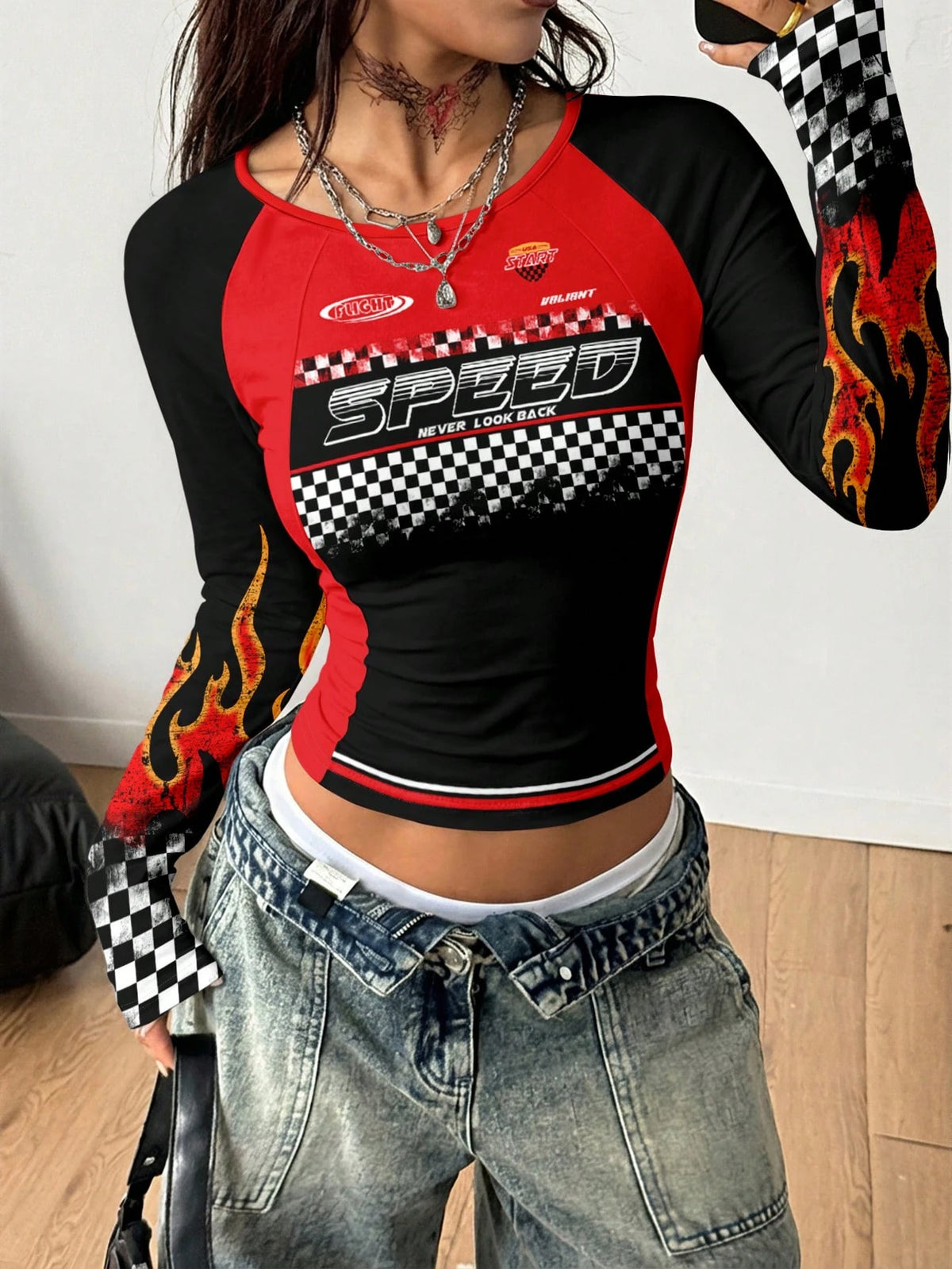Women's Casual Racing Chessboard Flame Graphic Colorblock T-Shirt