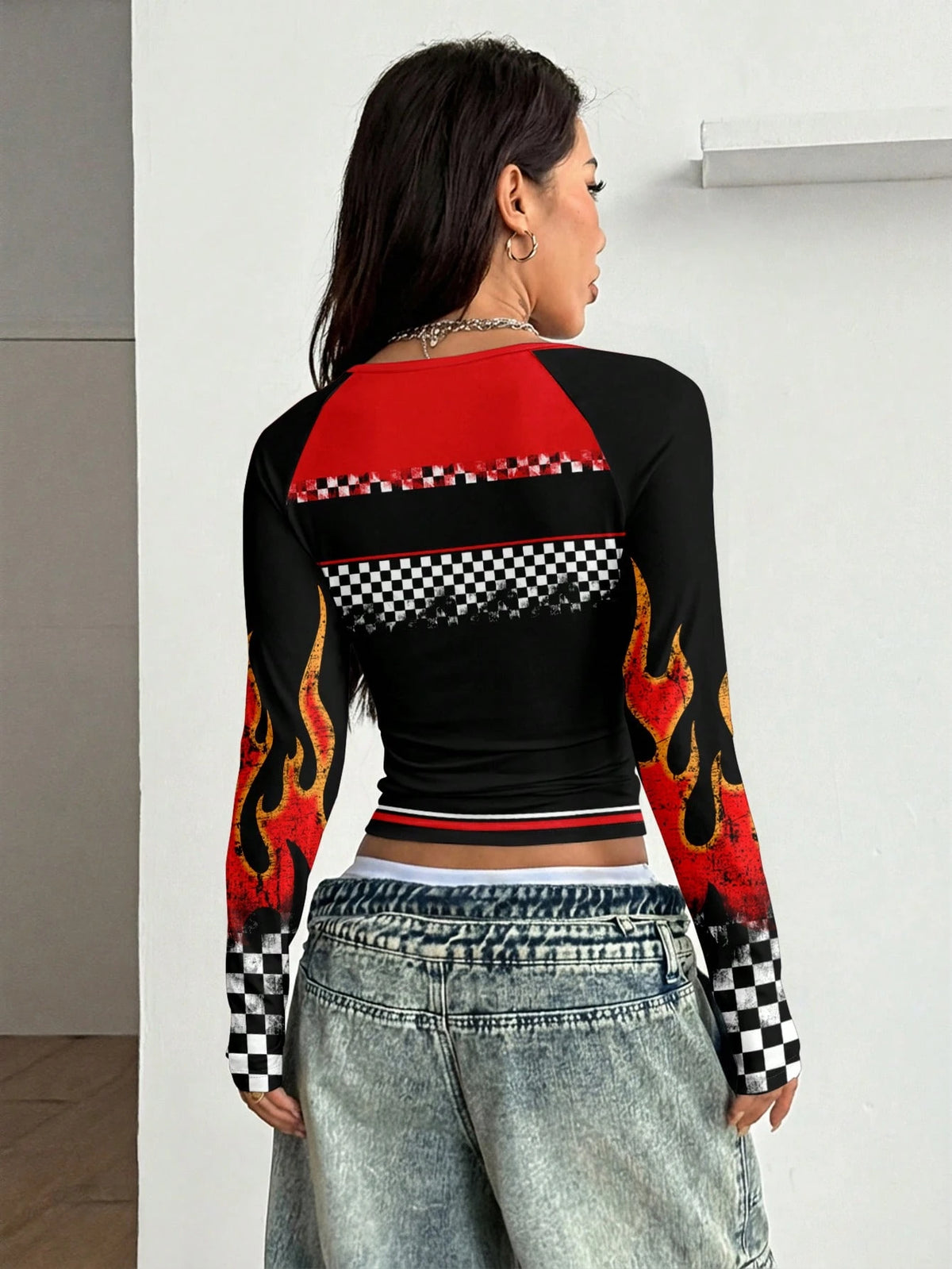 Women's Casual Racing Chessboard Flame Graphic Colorblock T-Shirt