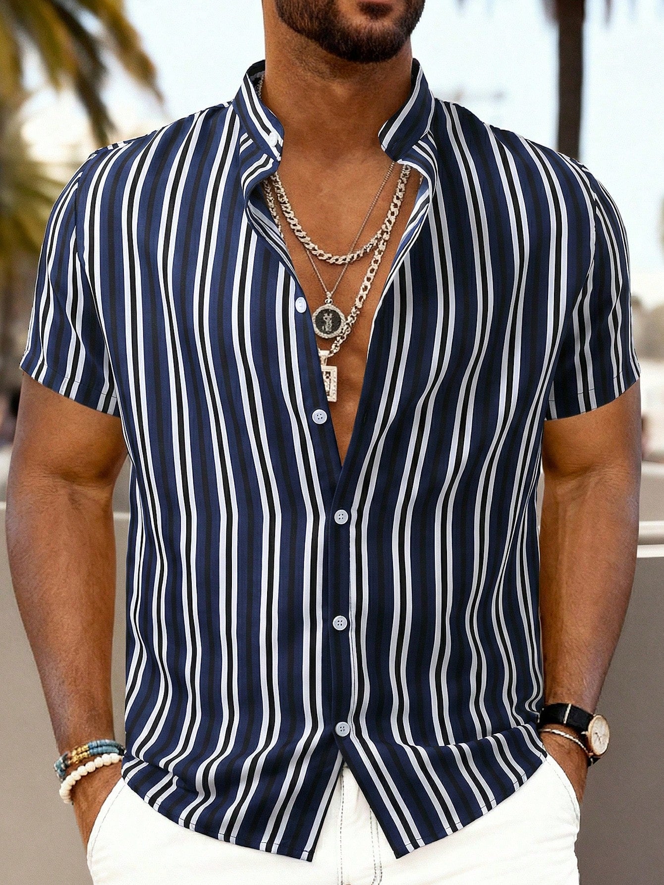 Men's Casual Colorblock Striped Short Sleeve Button Up Shirt