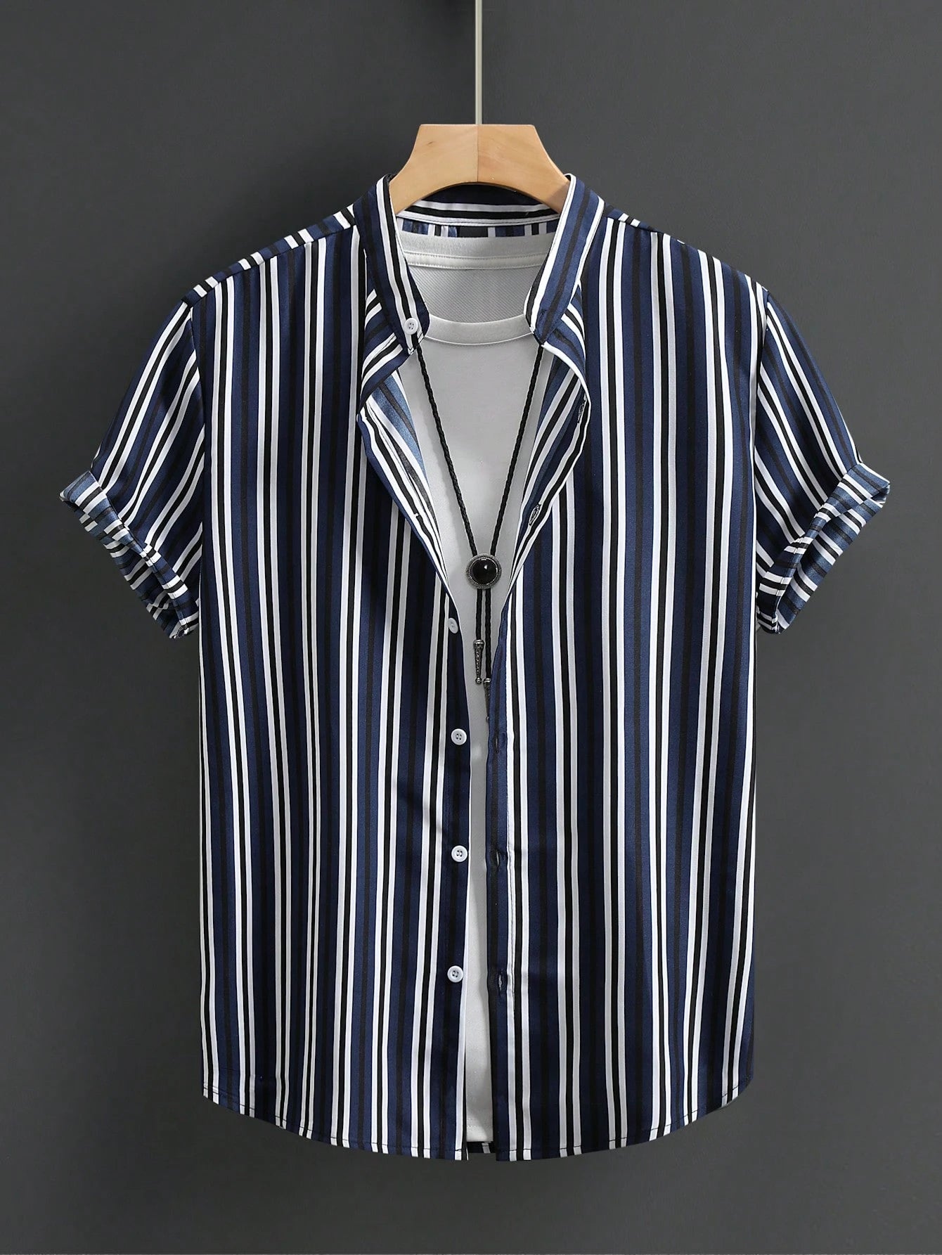 Men's Casual Colorblock Striped Short Sleeve Button Up Shirt