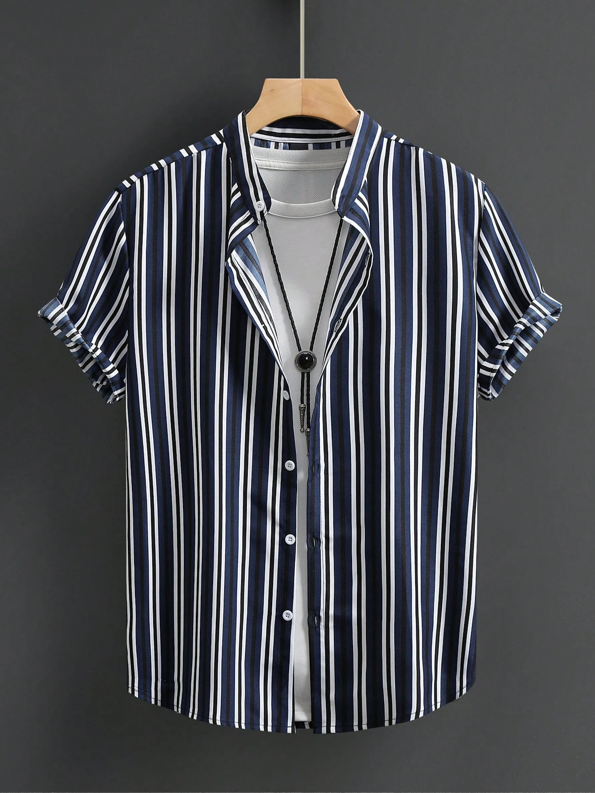 Men's Casual Colorblock Striped Short Sleeve Button Up Shirt