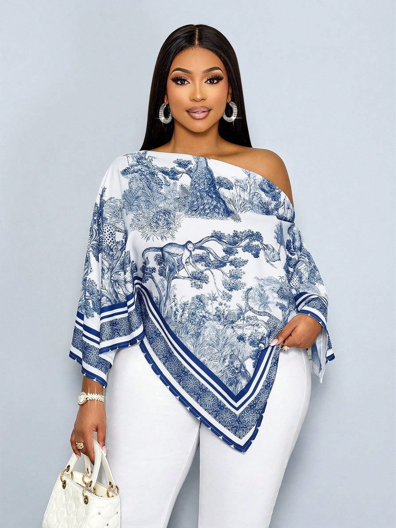 SOLERSUN Women's Plus Size Vintage Print Blouse Navy Blue