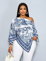 SOLERSUN Women's Plus Size Vintage Print Blouse Navy Blue