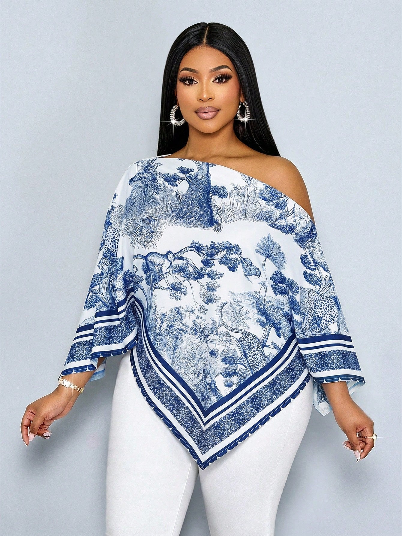 SOLERSUN Women's Plus Size Vintage Print Blouse Navy Blue