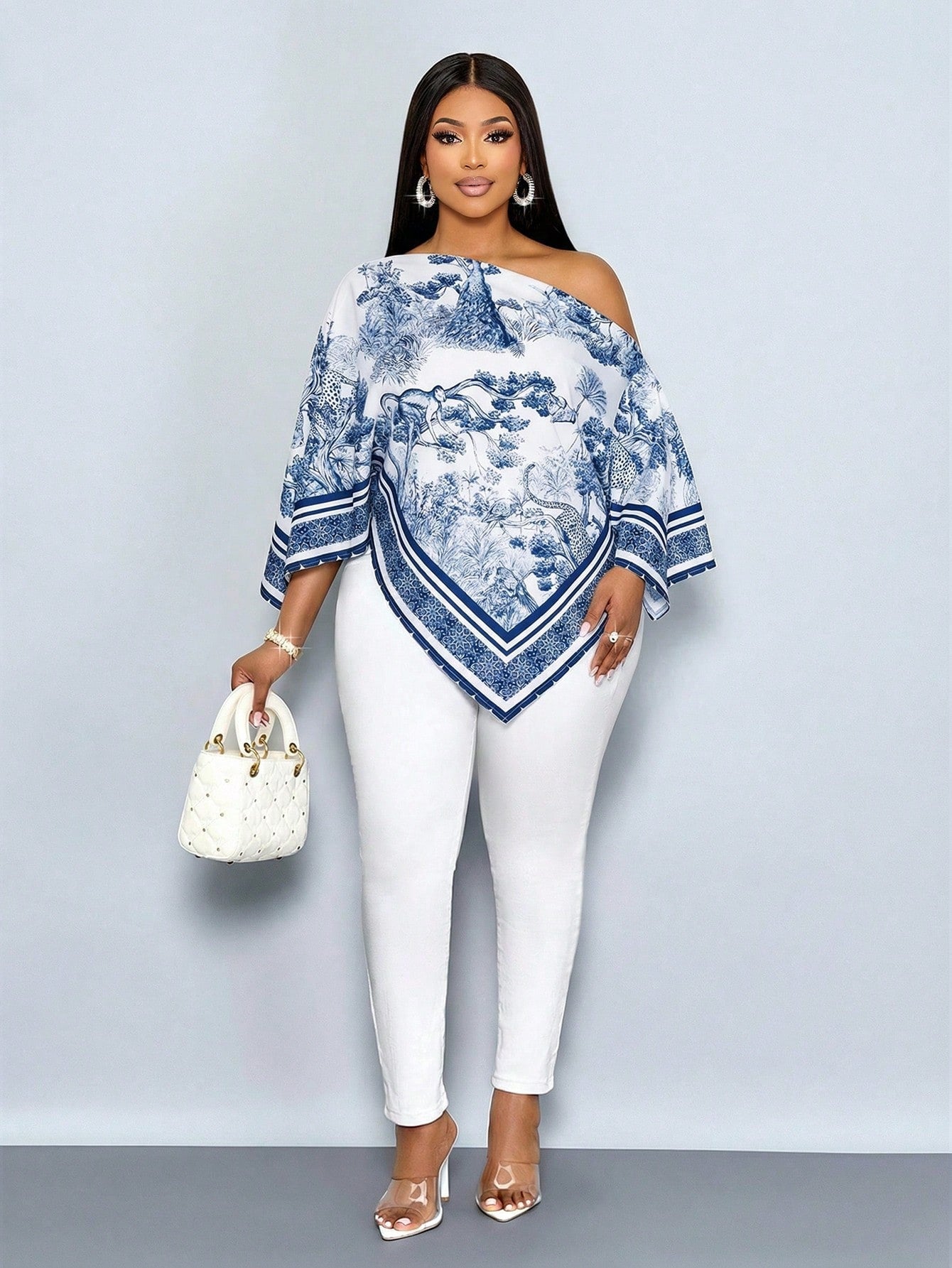 SOLERSUN Women's Plus Size Vintage Print Blouse Navy Blue