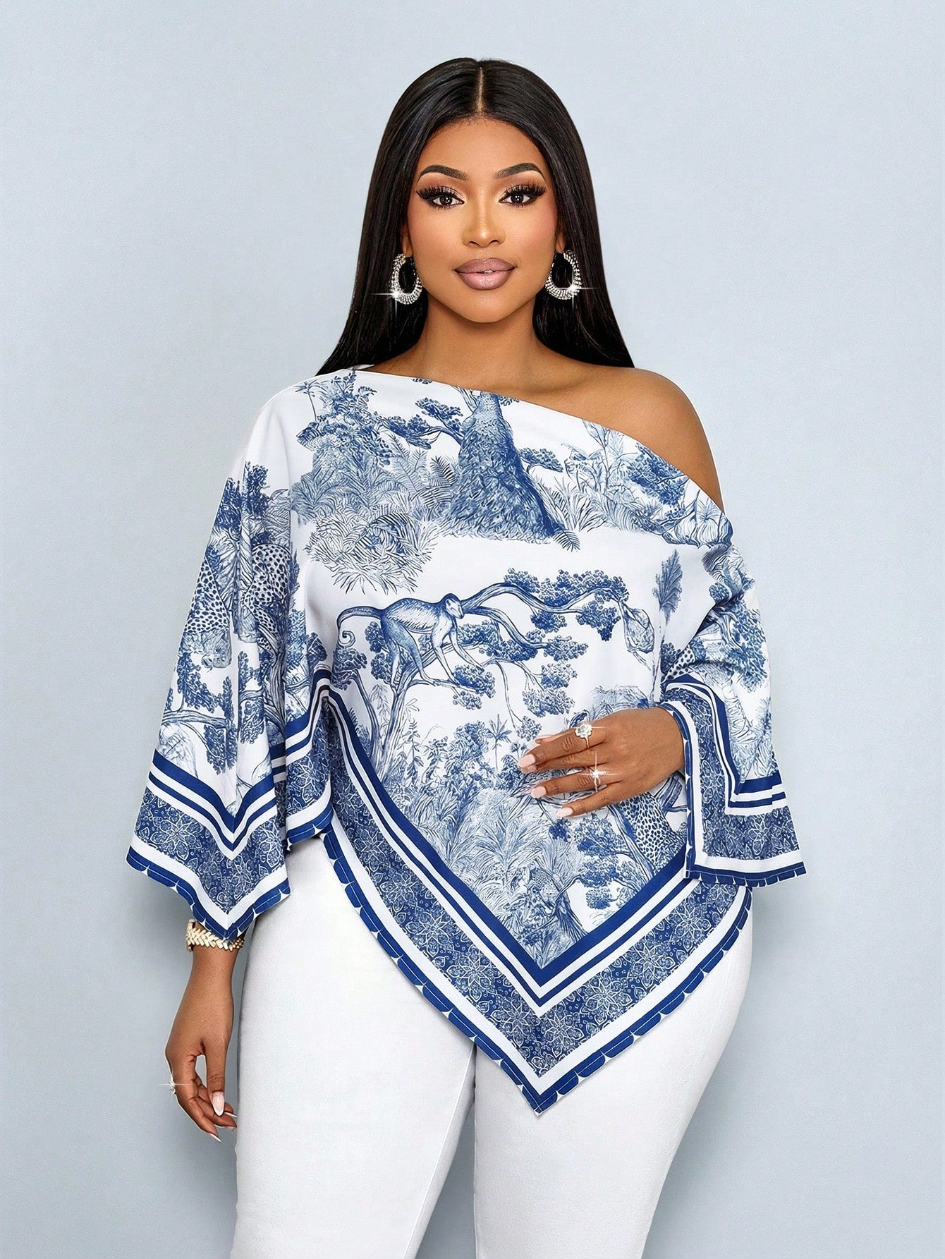 SOLERSUN Women's Plus Size Vintage Print Blouse Navy Blue
