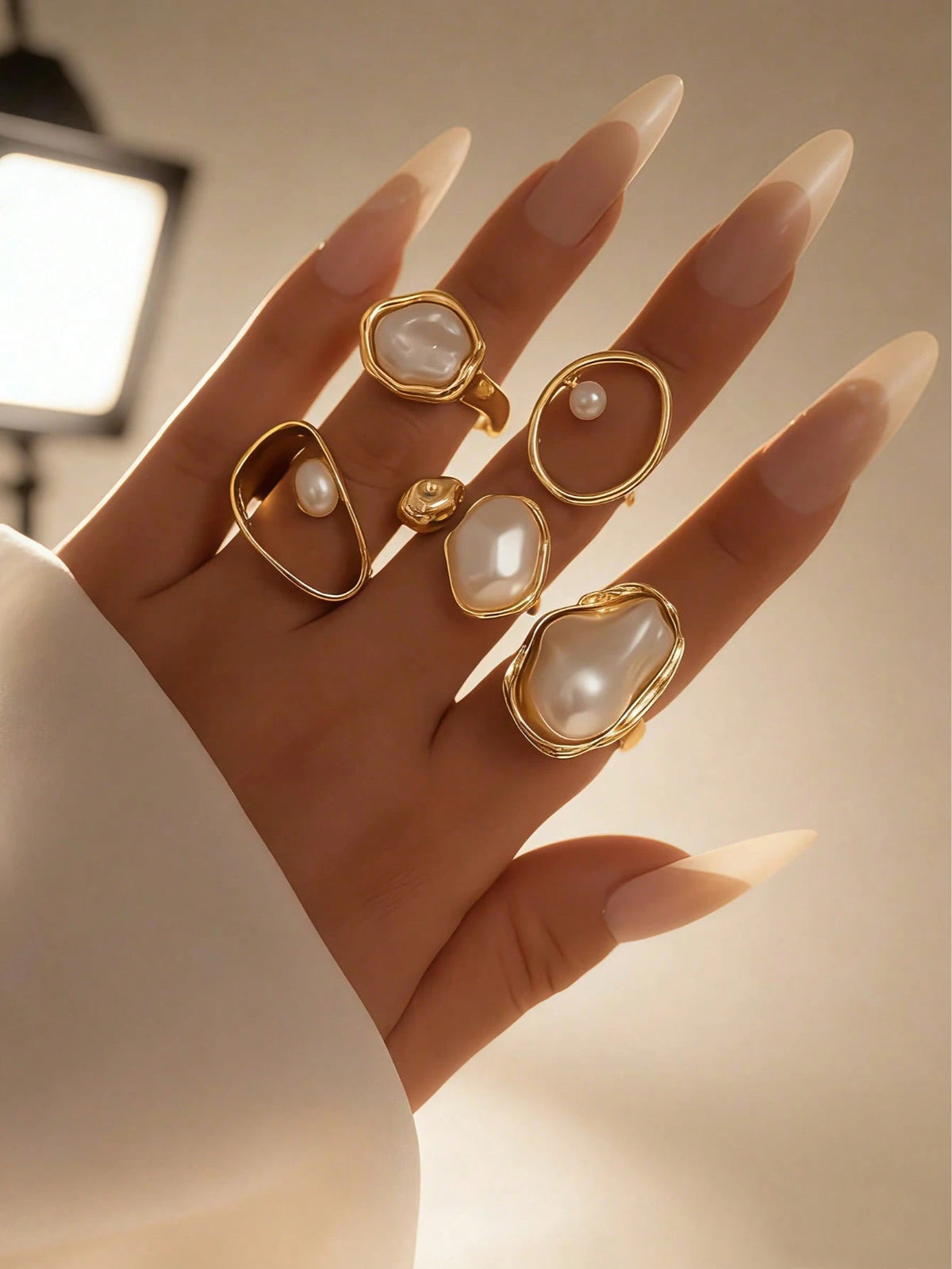 Women's Gold-Tone Faux Pearl Geometric Open Ring Set
