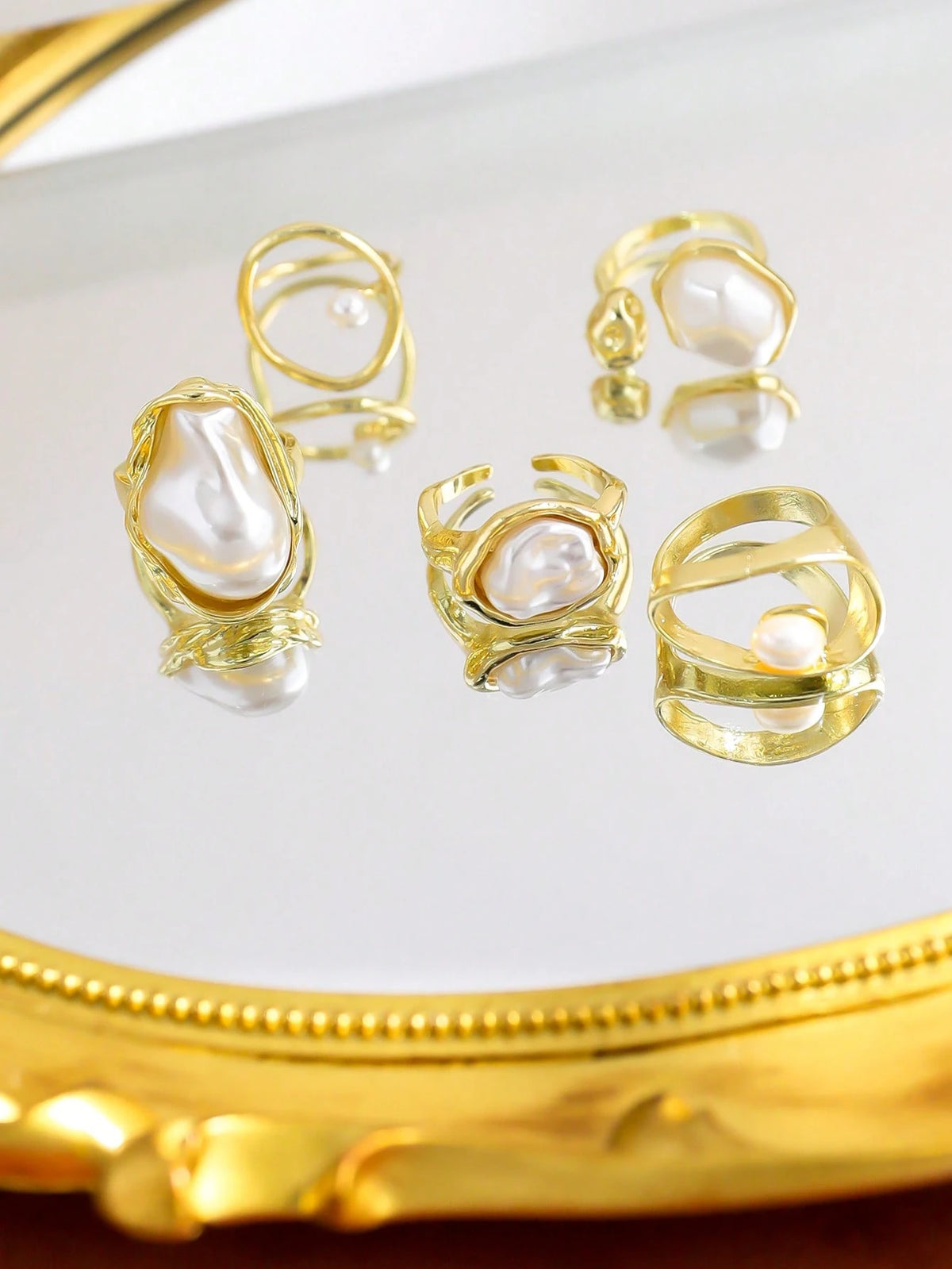 Women's Gold-Tone Faux Pearl Geometric Open Ring Set