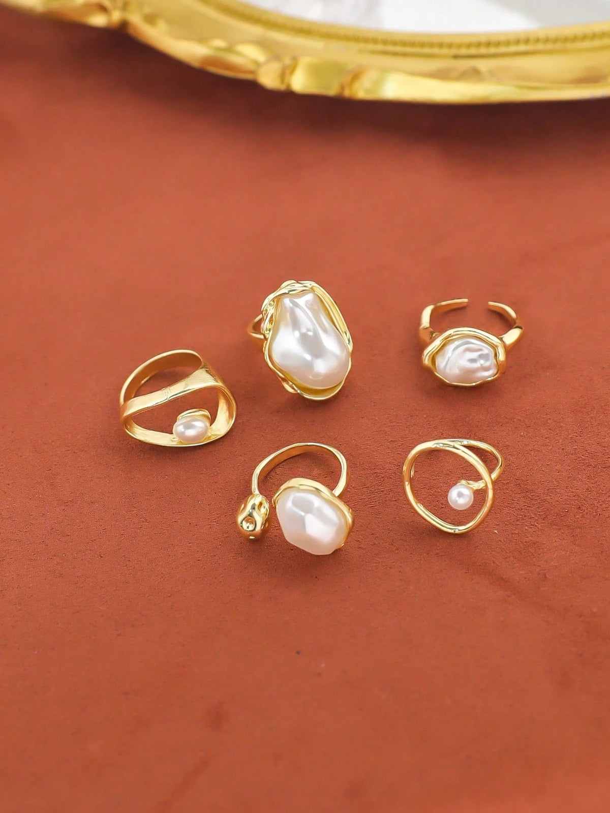 Women's Gold-Tone Faux Pearl Geometric Open Ring Set