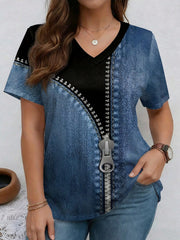 Emery Rose Patchwork Twill Texture Round Neck Plus Size T-Shirt