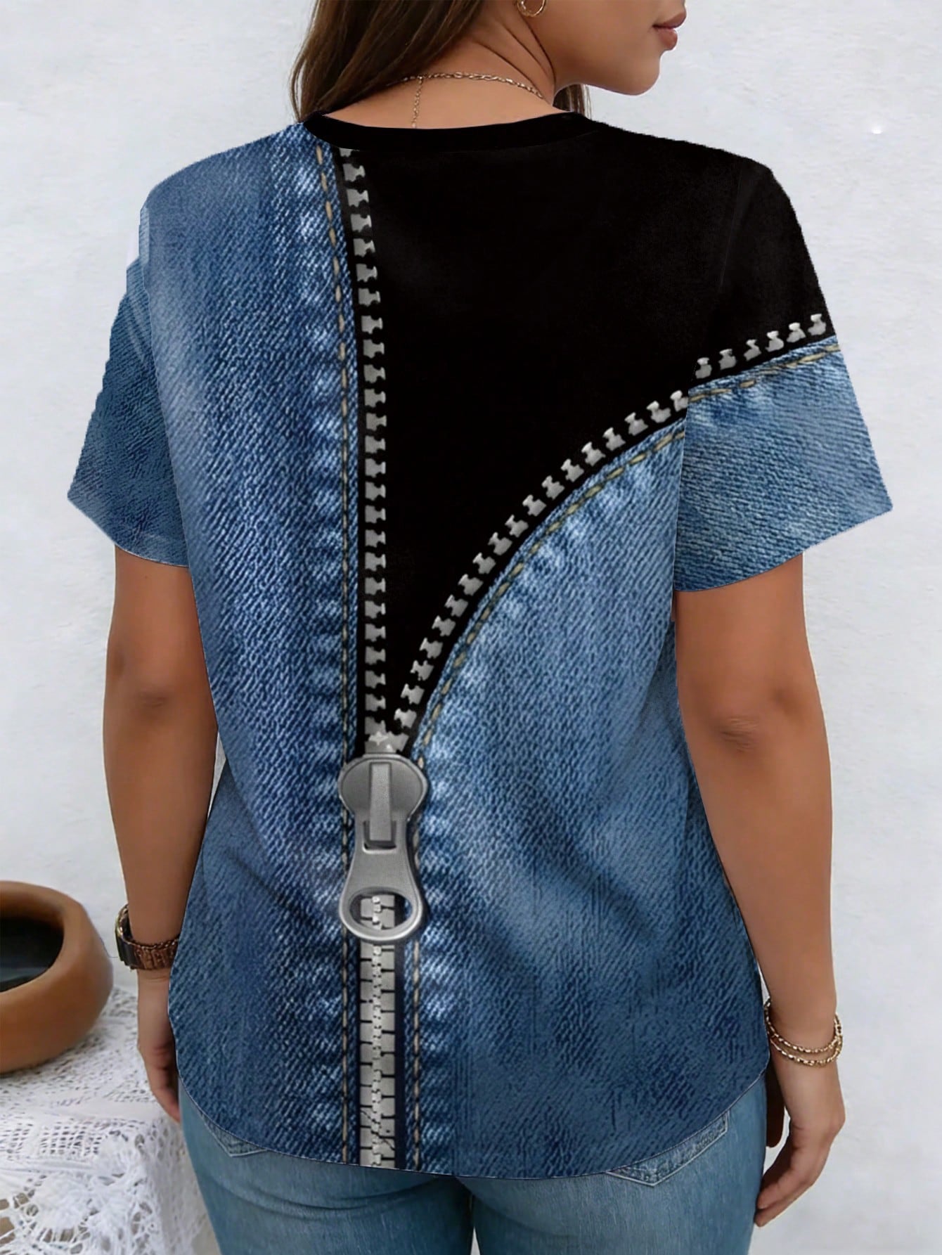 Emery Rose Patchwork Twill Texture Round Neck Plus Size T-Shirt