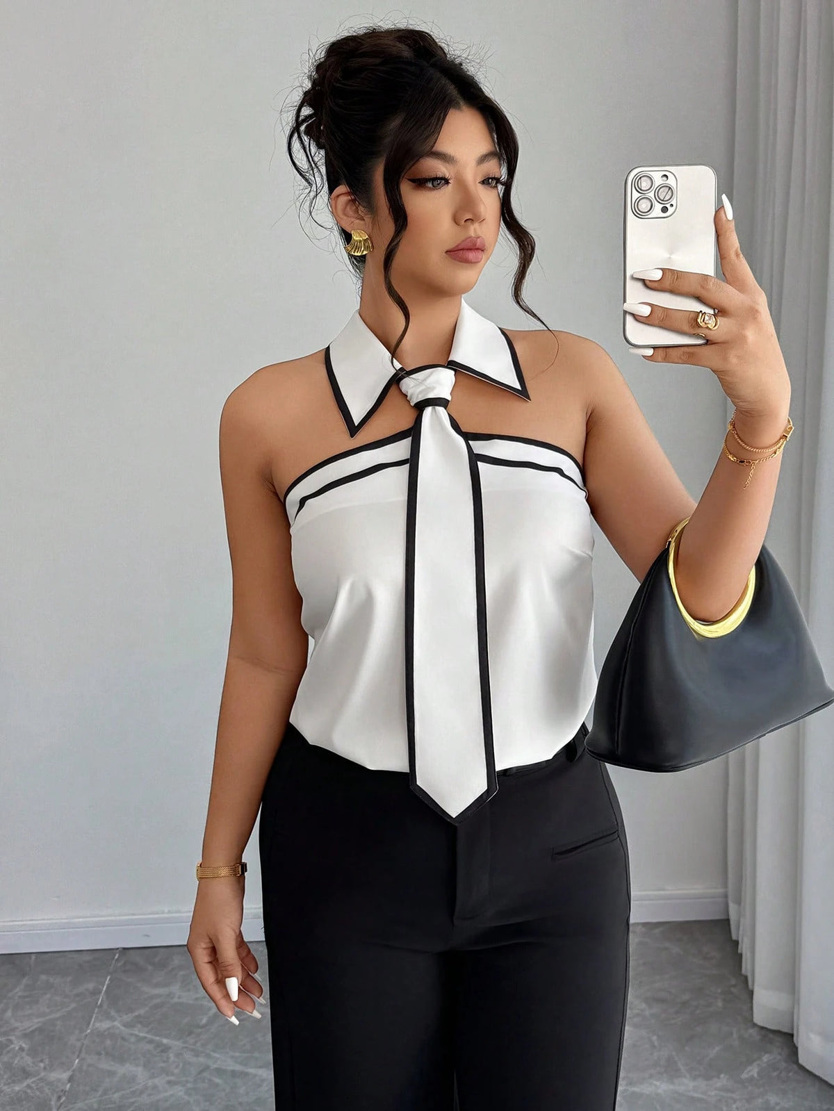 Women's Plus Size Sleeveless Contrast Tie Collar Shirt