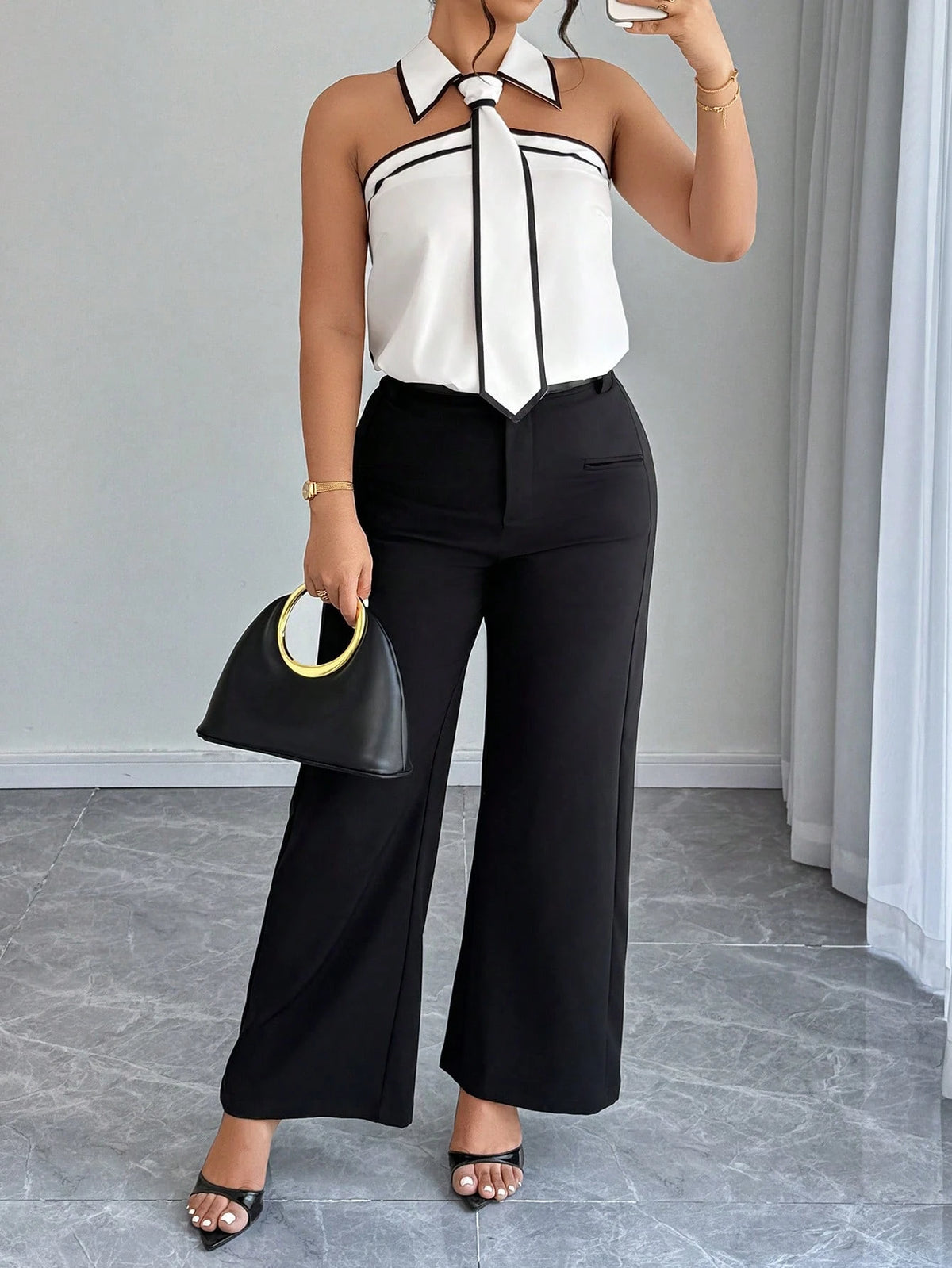 Women's Plus Size Sleeveless Contrast Tie Collar Shirt