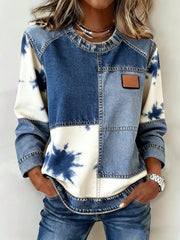 Women's Plus Size Colorblock Sticker Print Round Neck Long Sleeve T-Shirt