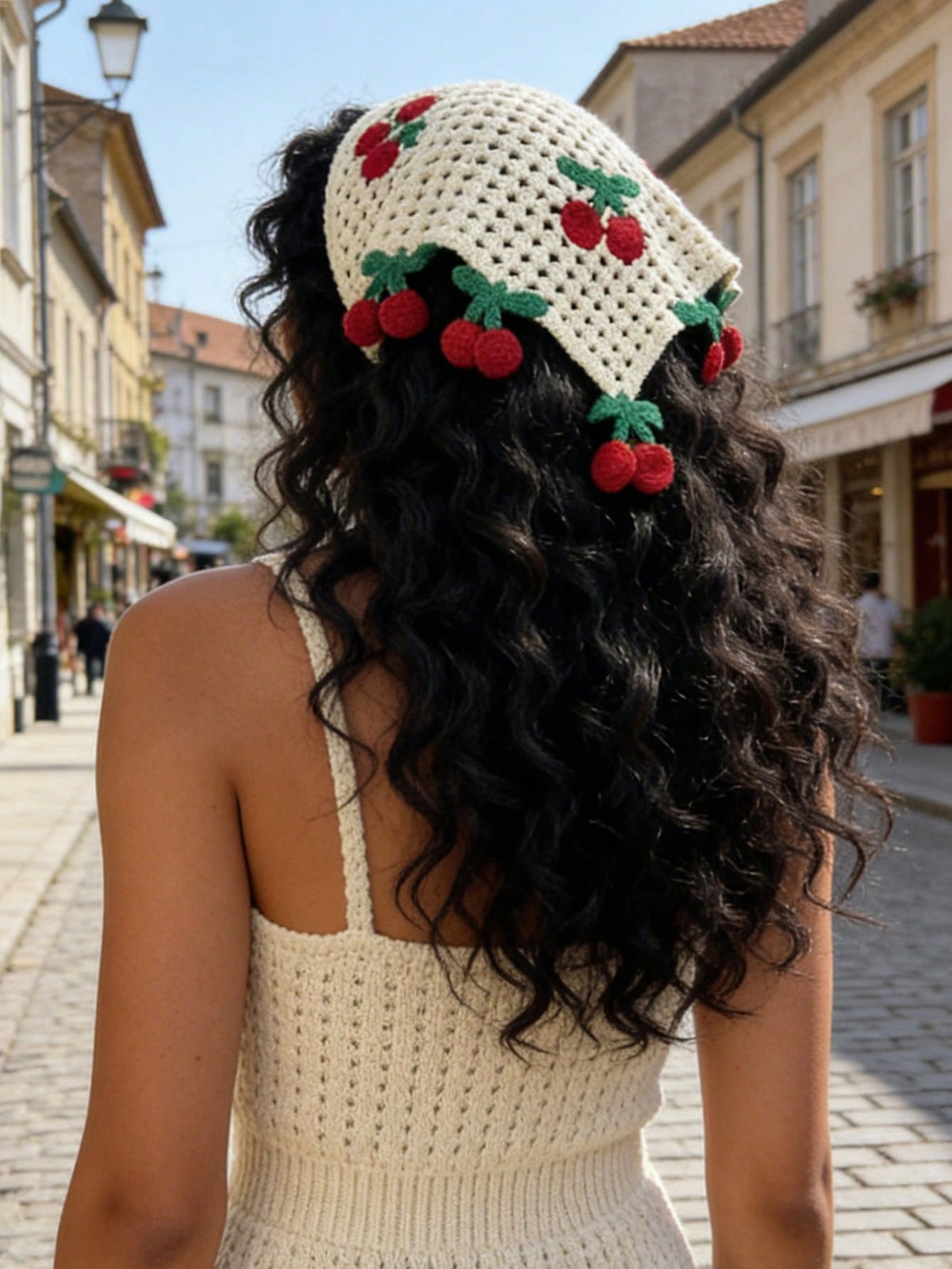 Women's Cherry Print Hollow Knit Triangular Vacation Bandana