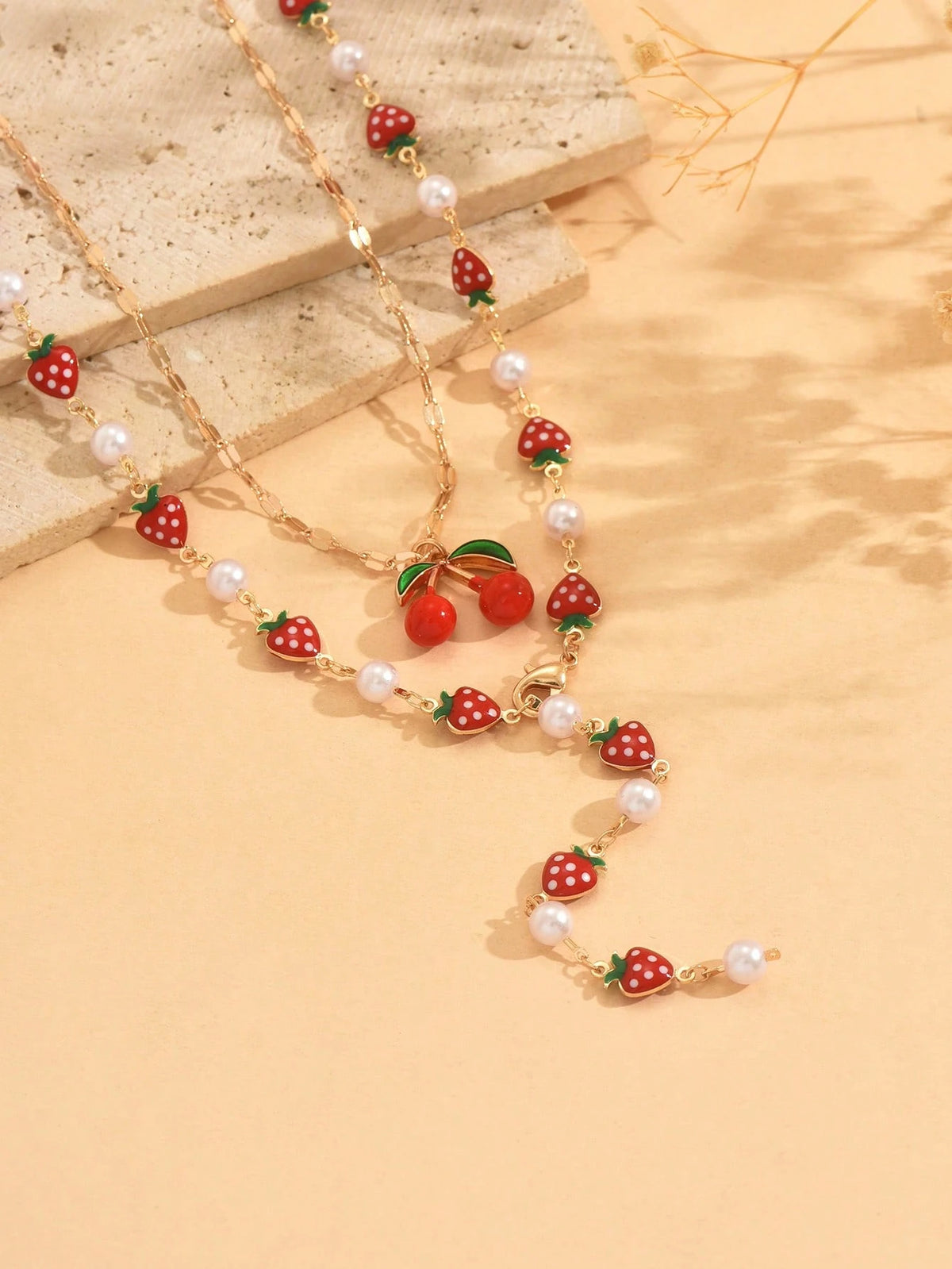 Women's Cherry Pendant Faux Pearl Choker Necklace Set
