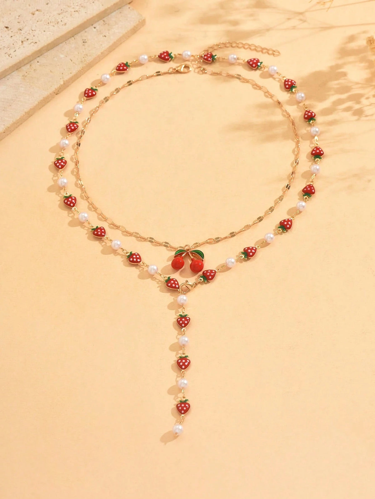 Women's Cherry Pendant Faux Pearl Choker Necklace Set