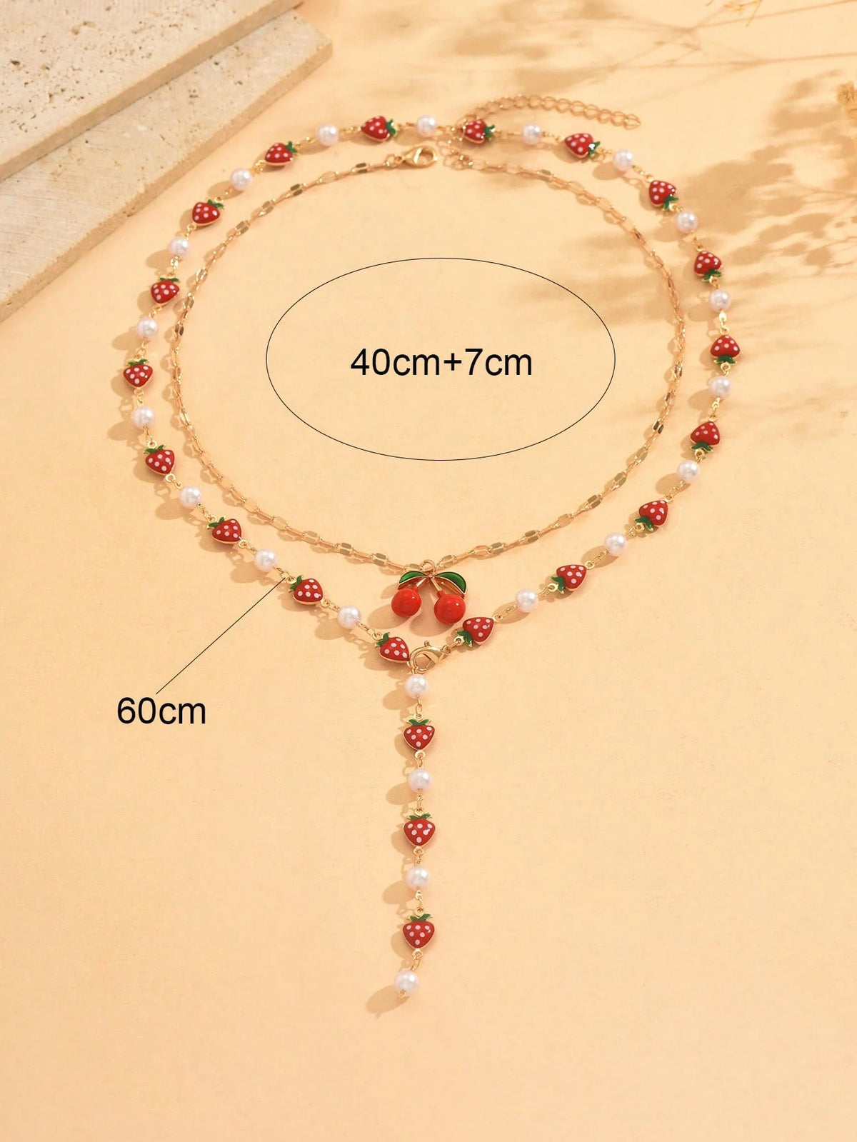 Women's Cherry Pendant Faux Pearl Choker Necklace Set
