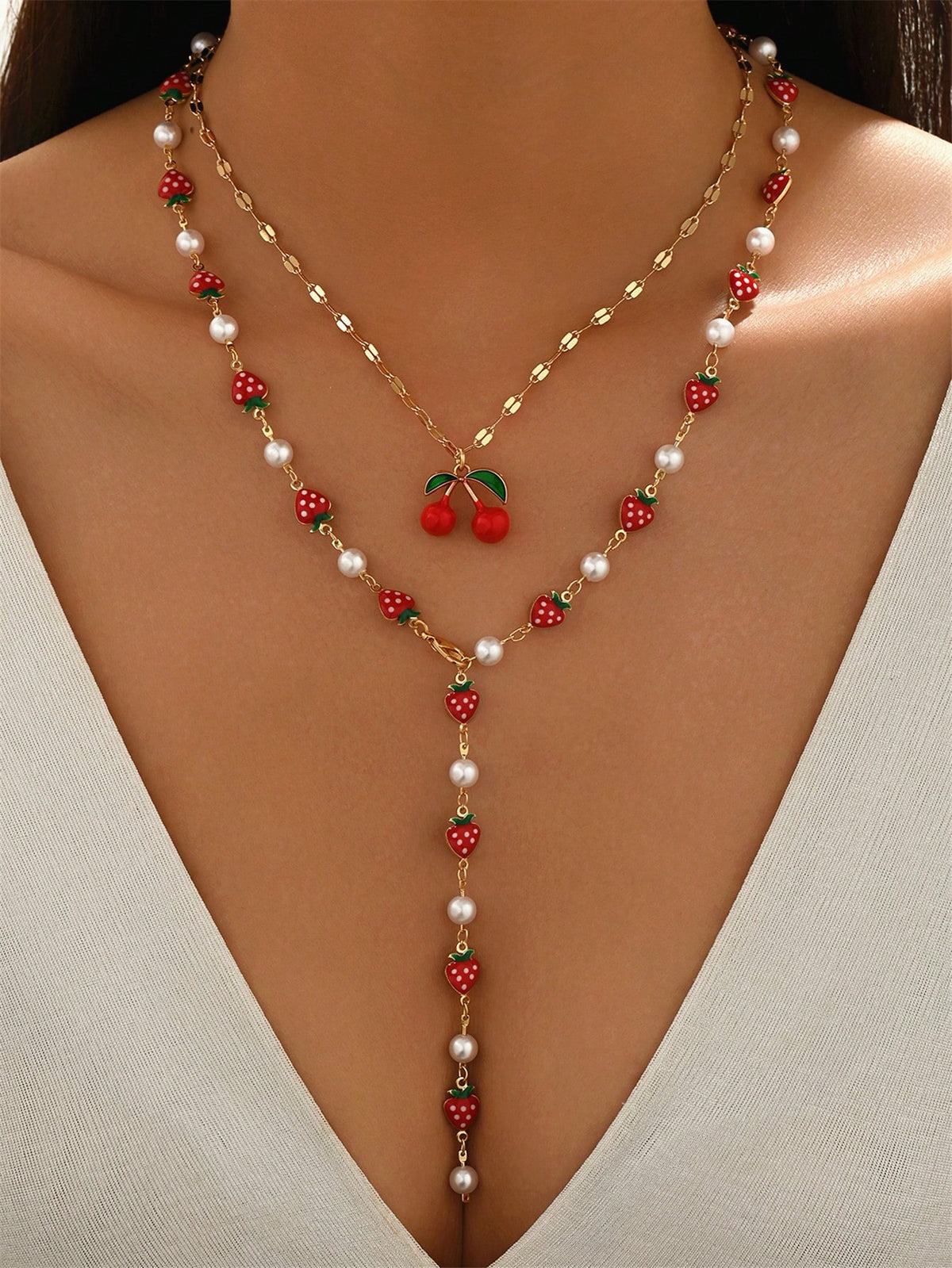 Women's Cherry Pendant Faux Pearl Choker Necklace Set