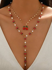 Women's Cherry Pendant Faux Pearl Choker Necklace Set
