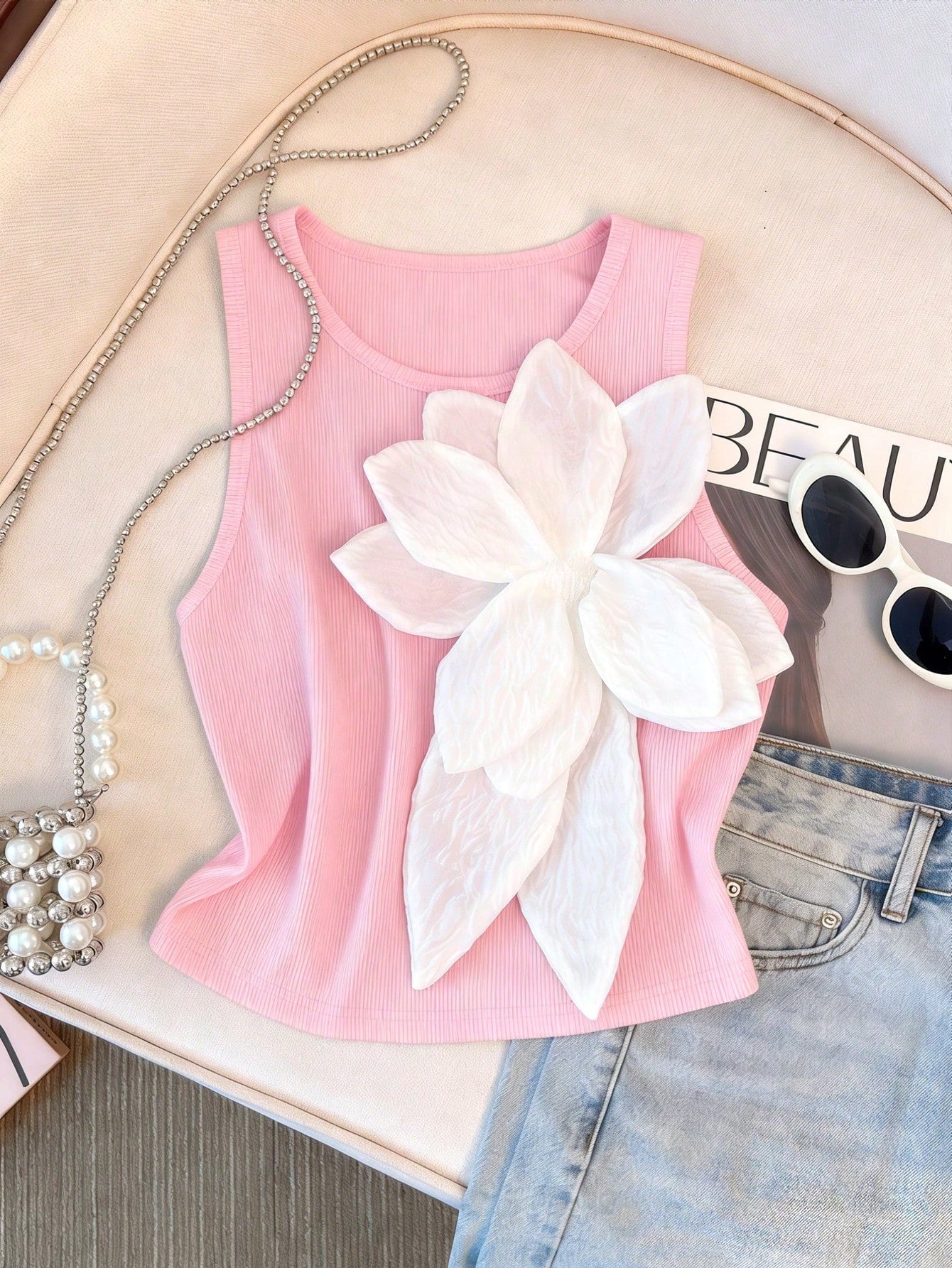 Women's Large Floral Print Fitted Sleeveless Tank Top