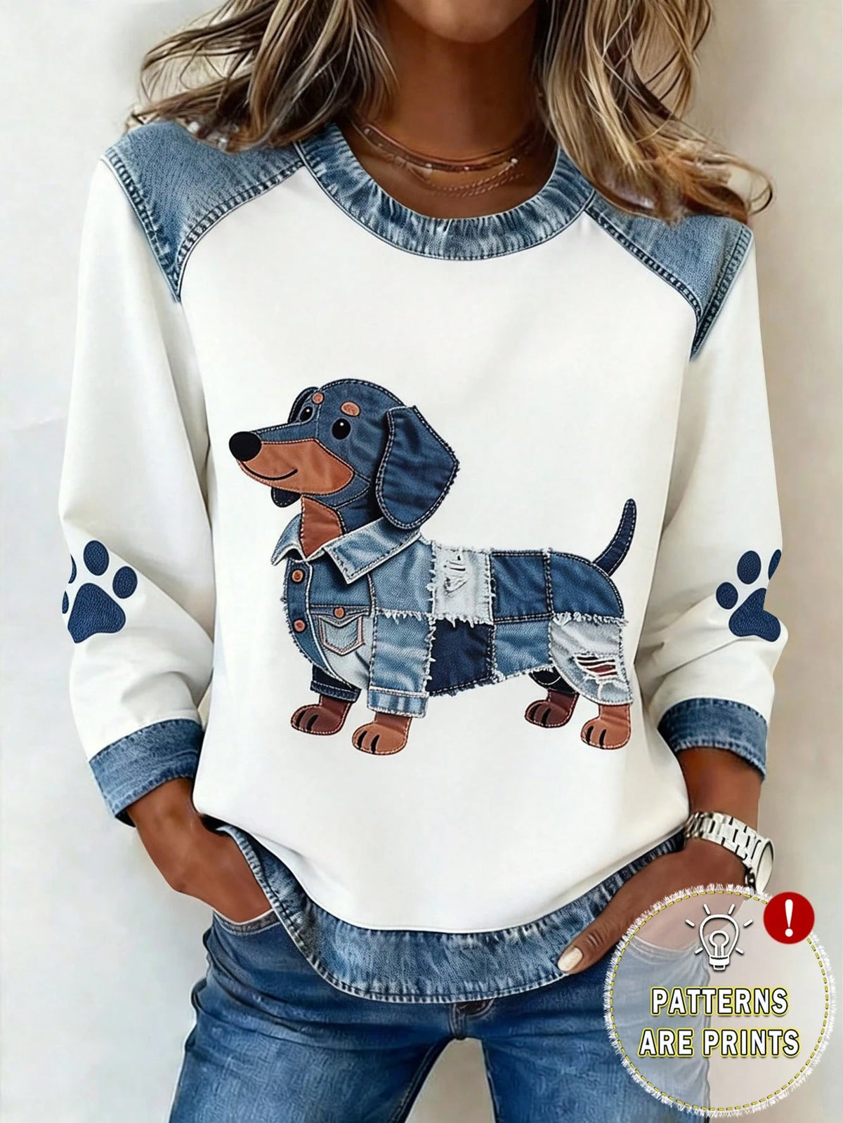Women's Casual Denim Puppy Print Long Sleeve T-Shirt