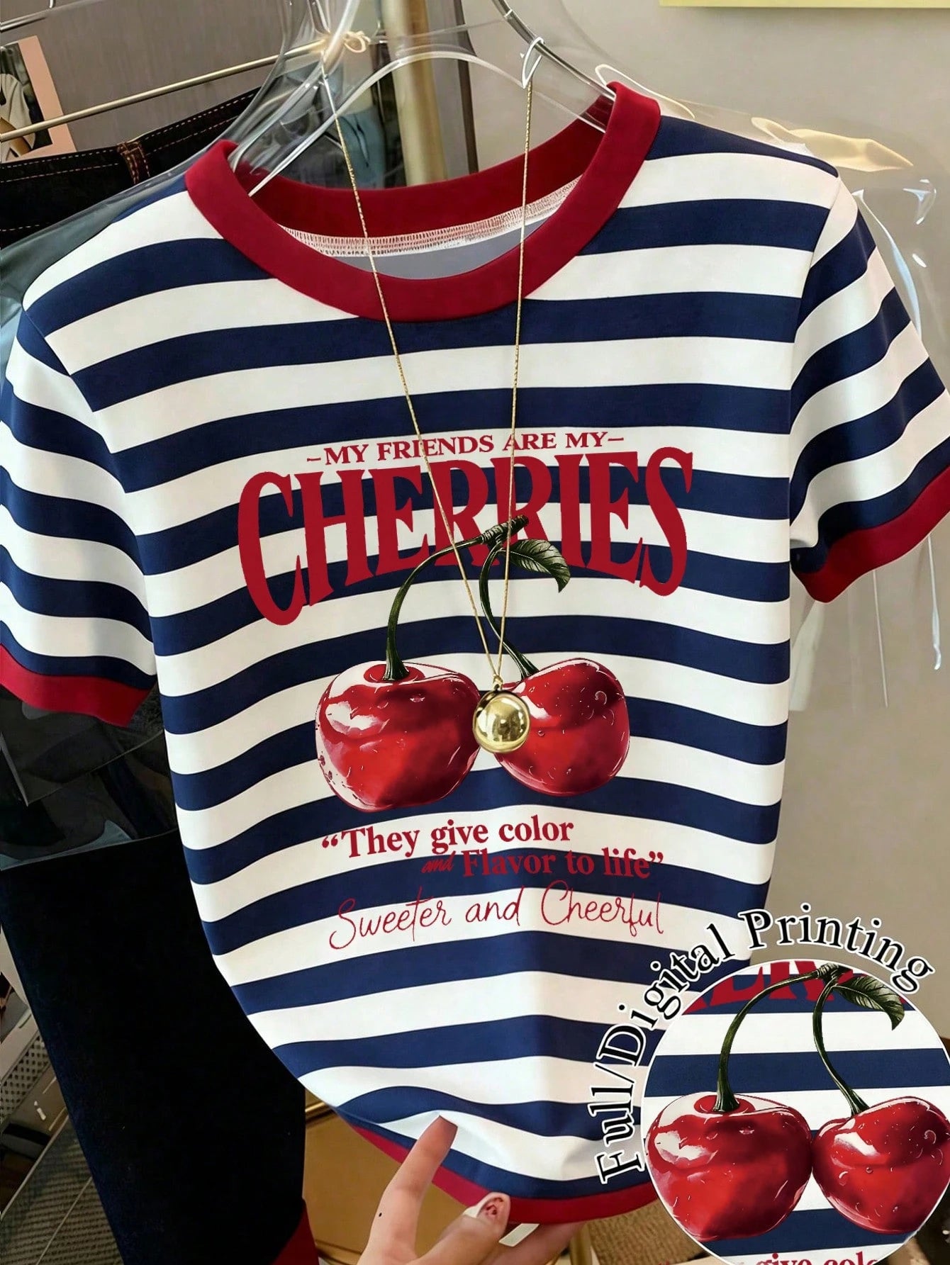 Women's Casual Striped Cherry Slogan Print Short Sleeve T-Shirt