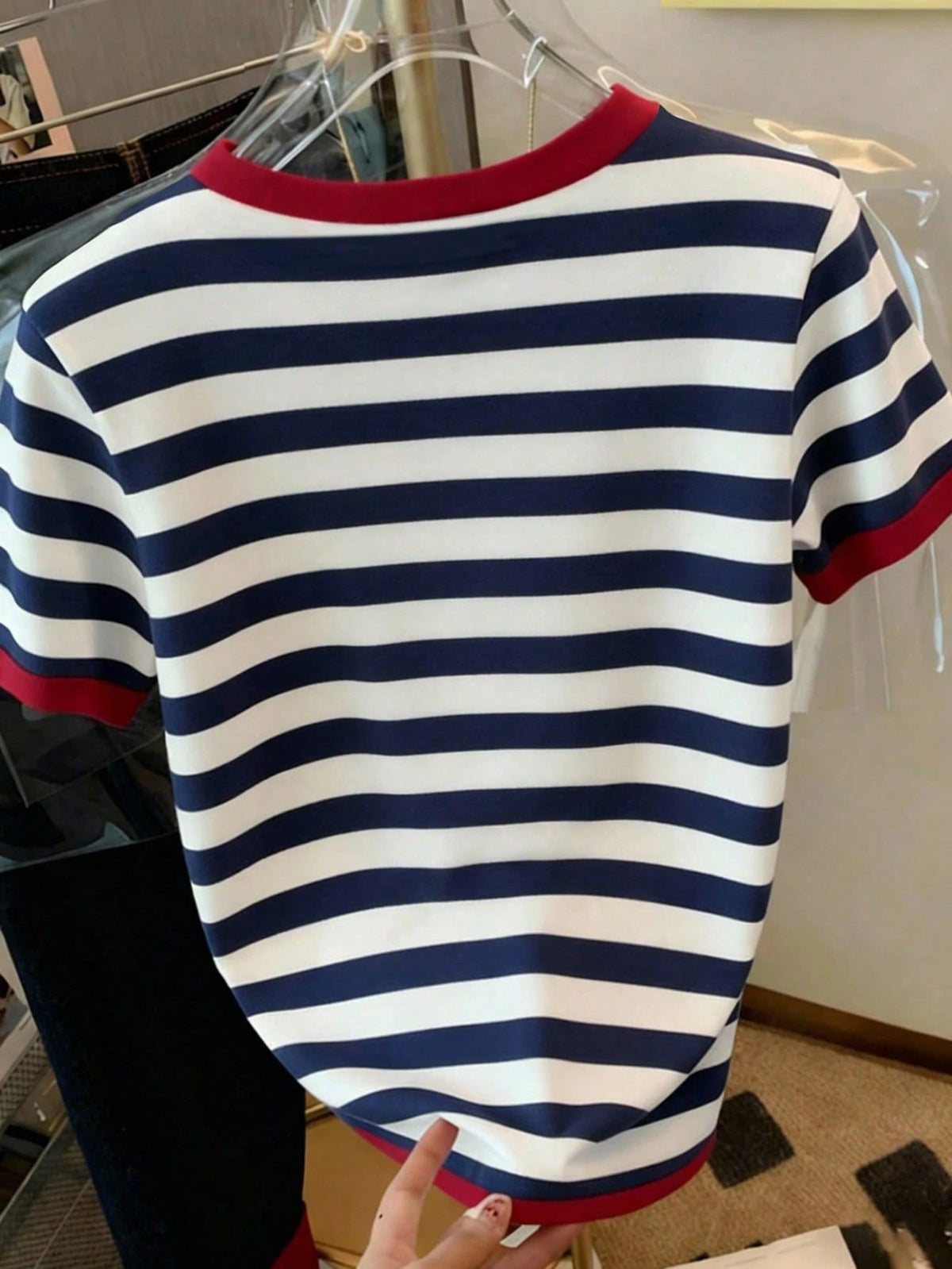 Women's Casual Striped Cherry Slogan Print Short Sleeve T-Shirt