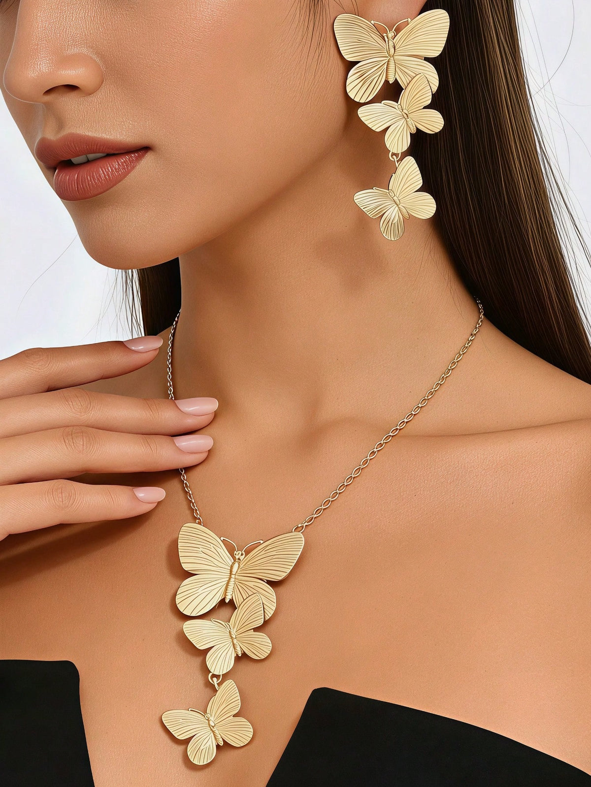 Women's Elegant Metal Butterfly Pendant Necklace and Earring Set